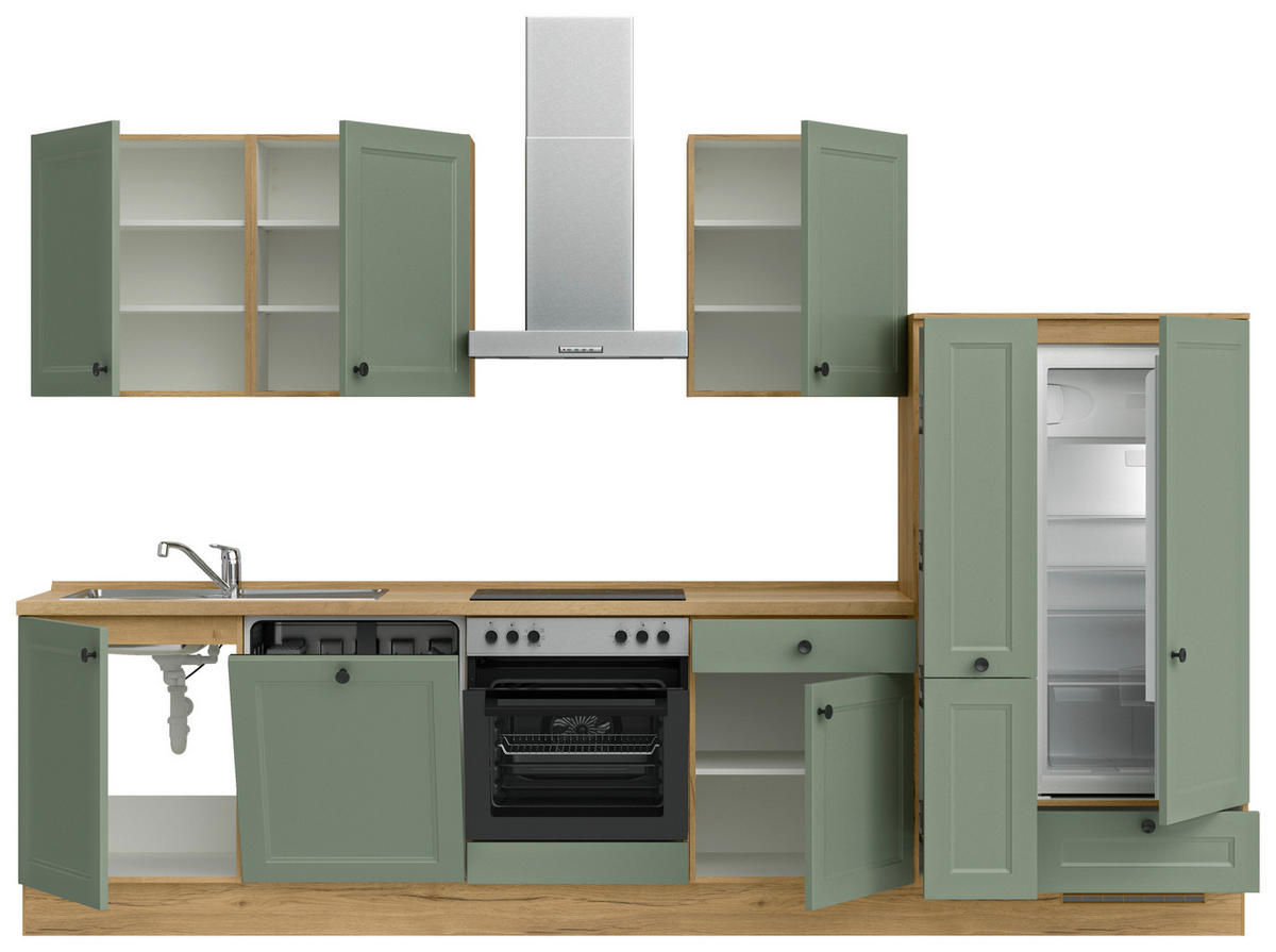 KÜCHENBLOCK Cascada 330 cm  in Grün, Eichefarben  - Eichefarben/Schwarz, MODERN, Holzwerkstoff/Metall (330cm) - Nobilia