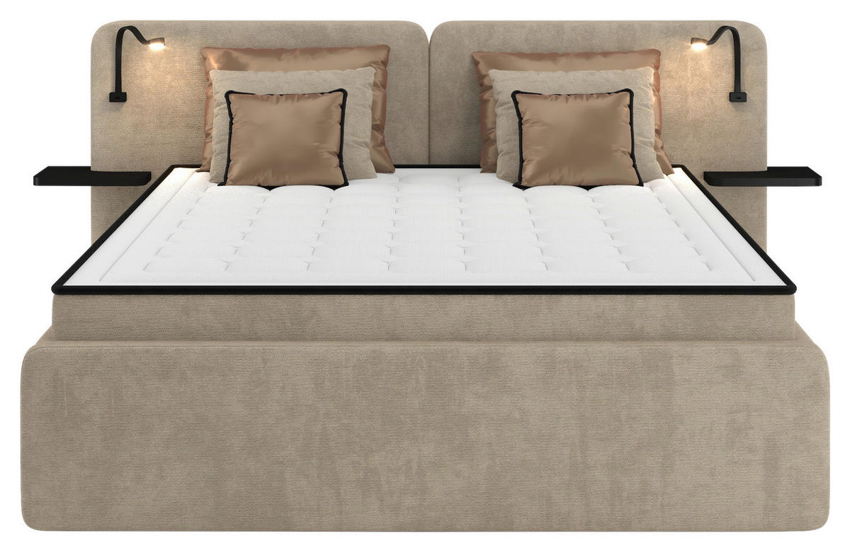 POLSTERBETT 180/200 cm,  in Beige, gepolstertes Kopfteil, Beleuchtung, Lattenrost, H2 + H3 = mittel + fest  - Beige/Schwarz, MODERN, Kunststoff/Textil (180/200cm) - Chameo