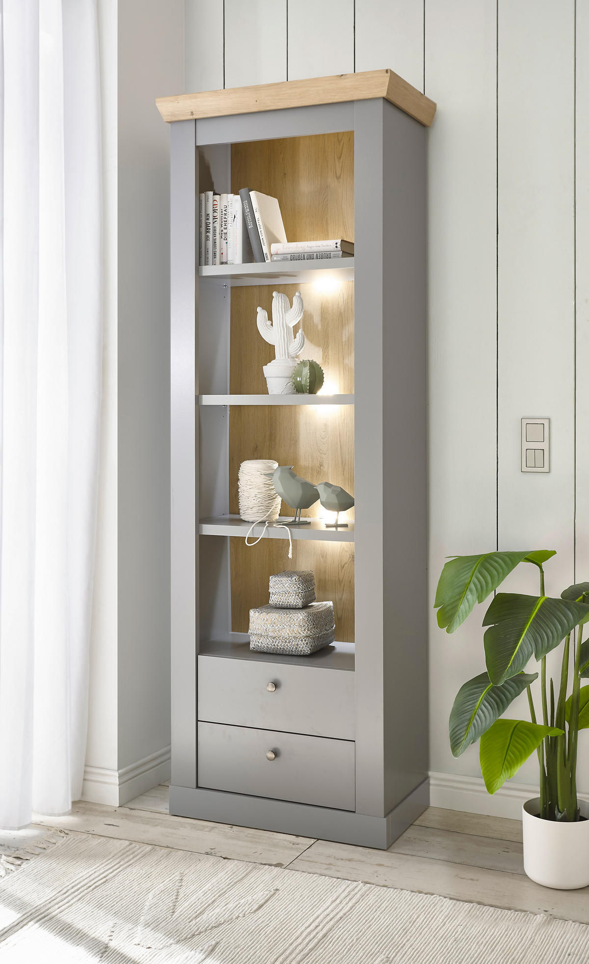 VITRINE in Eichefarben, Hellgrau  - Eichefarben/Silberfarben, Design, Holzwerkstoff/Metall (71/201/37cm) - MID.YOU