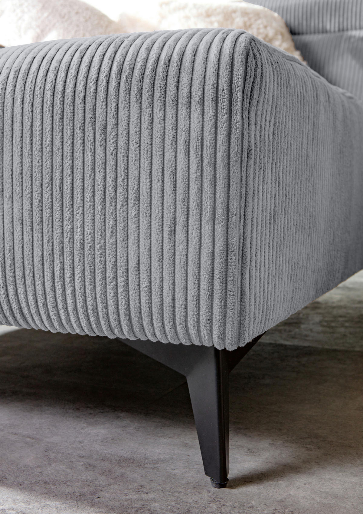 ECKSOFA Hellgrau Cord Rücken echt, Kopfteilverstellung, Sitzvorzug  - Hellgrau/Schwarz, KONVENTIONELL, Textil/Metall (170/257cm) - Carryhome