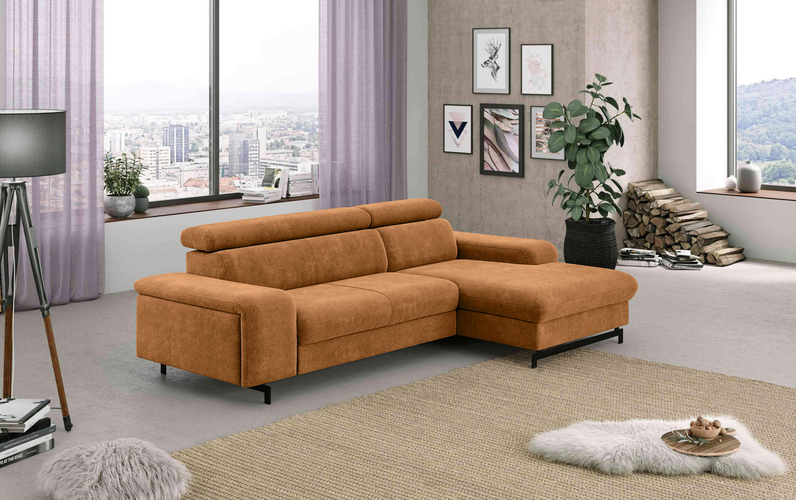 ECKSOFA in Chenille Cognac  - Cognac/Schwarz, Textil/Metall (267/165cm) - MID.YOU