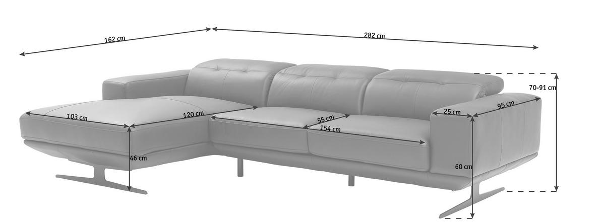 ECKSOFA in Echtleder Schwarz  - Schwarz, Design, Leder/Metall (162/282cm) - Xora