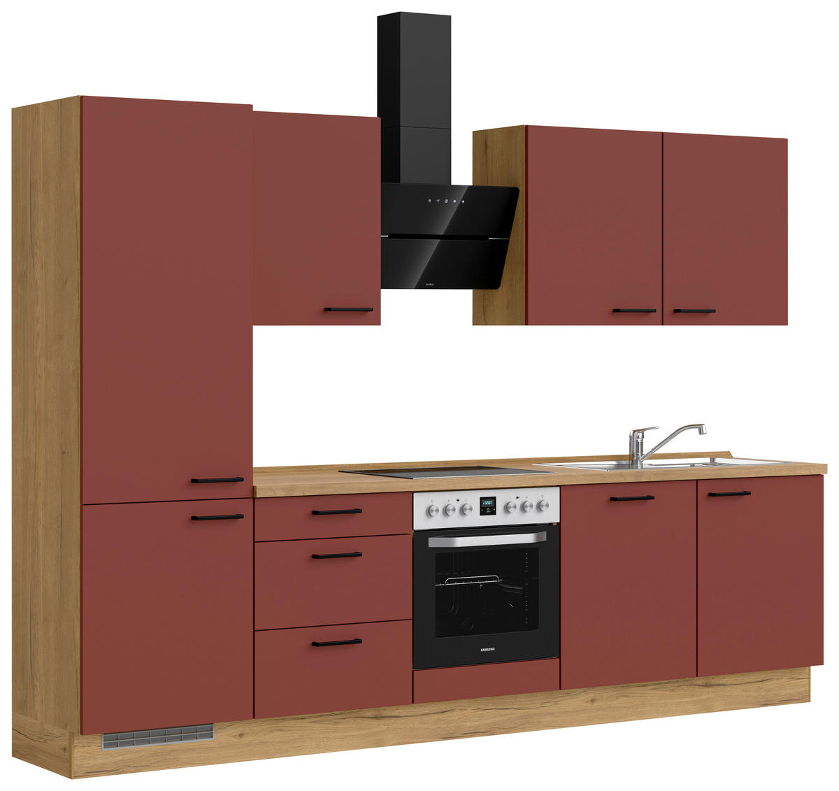 KÜCHENBLOCK Easytouch 300 cm  in Eichefarben, Dunkelrot  - Eichefarben/Schwarz, MODERN, Holzwerkstoff/Metall (300cm) - Nobilia