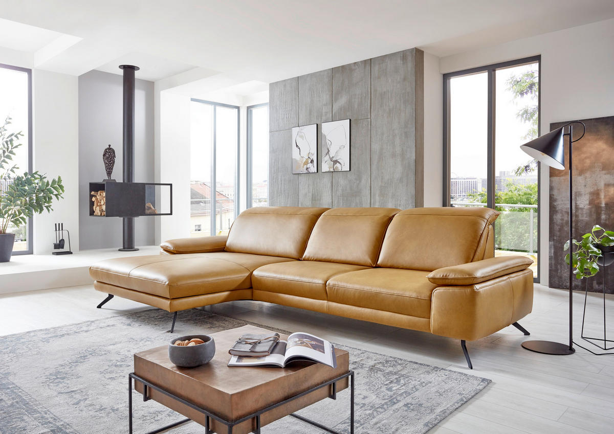 ECKSOFA in Echtleder Hellbraun  - Hellbraun/Schwarz, Design, Leder/Metall (328/193cm) - Dieter Knoll