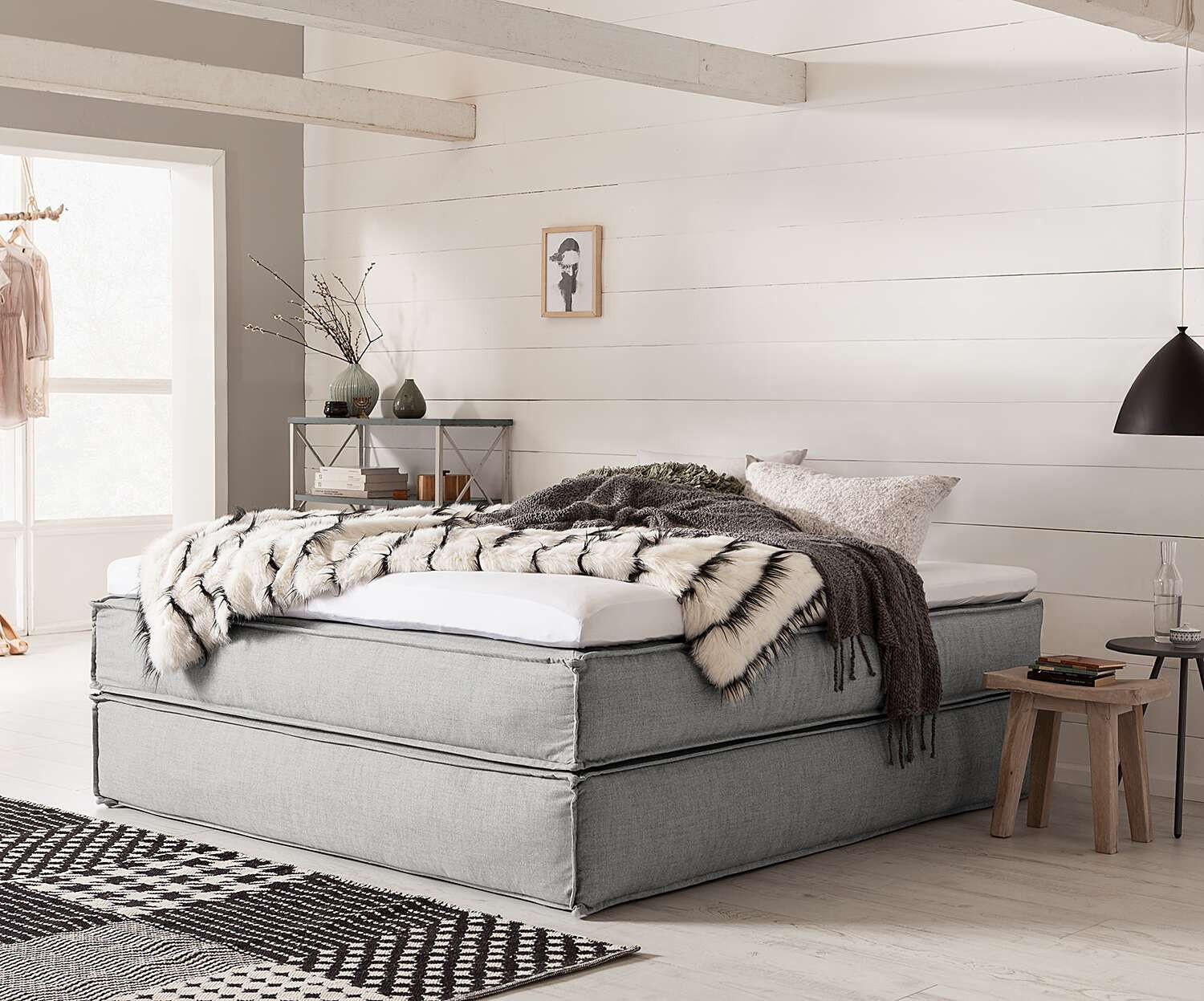 BOXSPRINGBETT 200/200 cm  in Hellgrau  - Hellgrau/Schwarz, Design, Textil (200/200cm) - home24