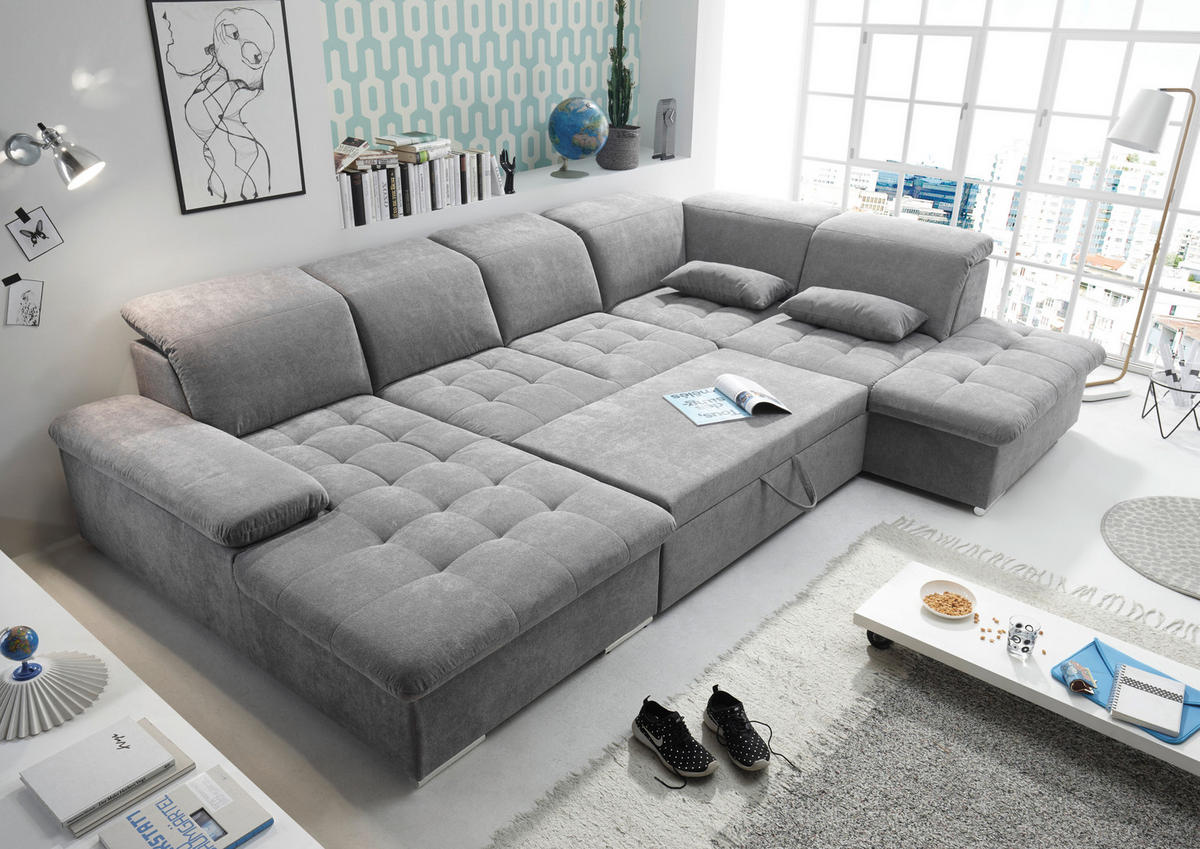 WOHNLANDSCHAFT Grau Mikrovelours  - Dunkelgrau/Silberfarben, KONVENTIONELL, Kunststoff/Textil (188/340/240cm) - MID.YOU
