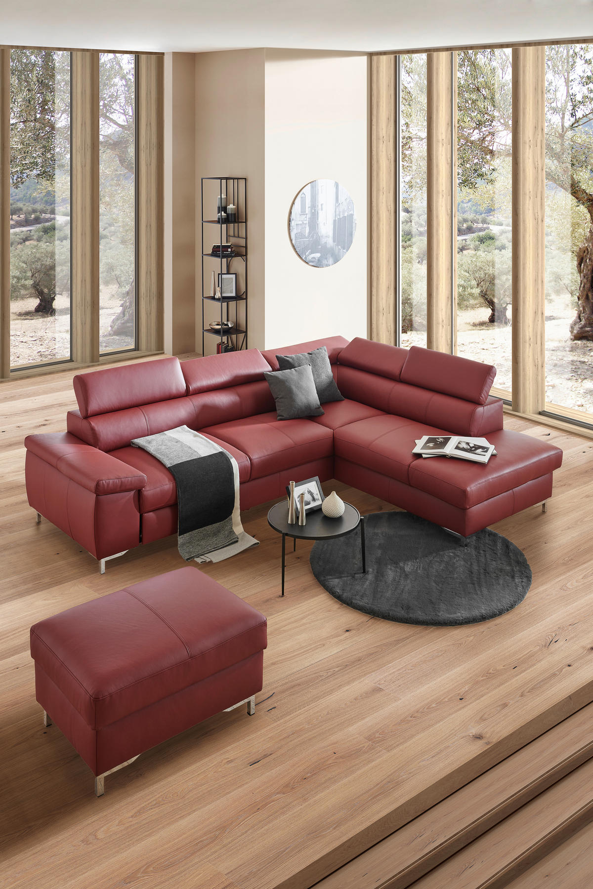 ECKSOFA in Echtleder Bordeaux  - Bordeaux/Schwarz, Design, Leder/Metall (268/213cm) - Stylife