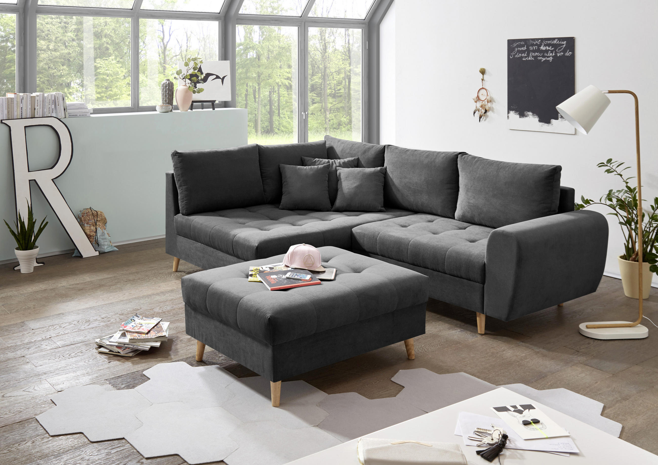 HOCKER in Textil, Holzwerkstoff Anthrazit - Anthrazit/Kieferfarben, Konventionell, Holz/Holzwerkstoff (106/48/80cm) - MID.YOU