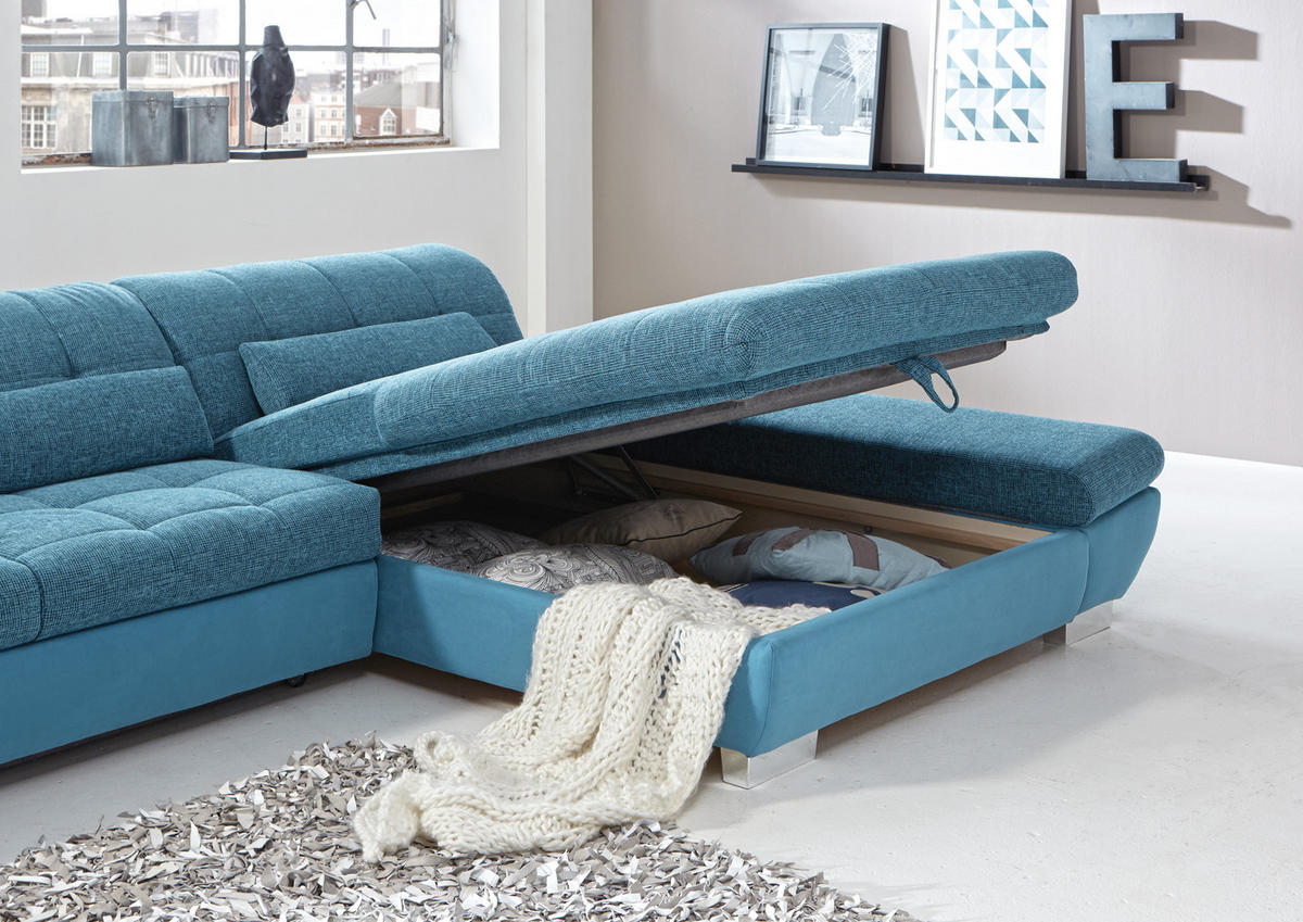 WOHNLANDSCHAFT in Flachgewebe Türkis, Petrol  - Türkis/Chromfarben, Design, Kunststoff/Textil (204/341cm) - Xora