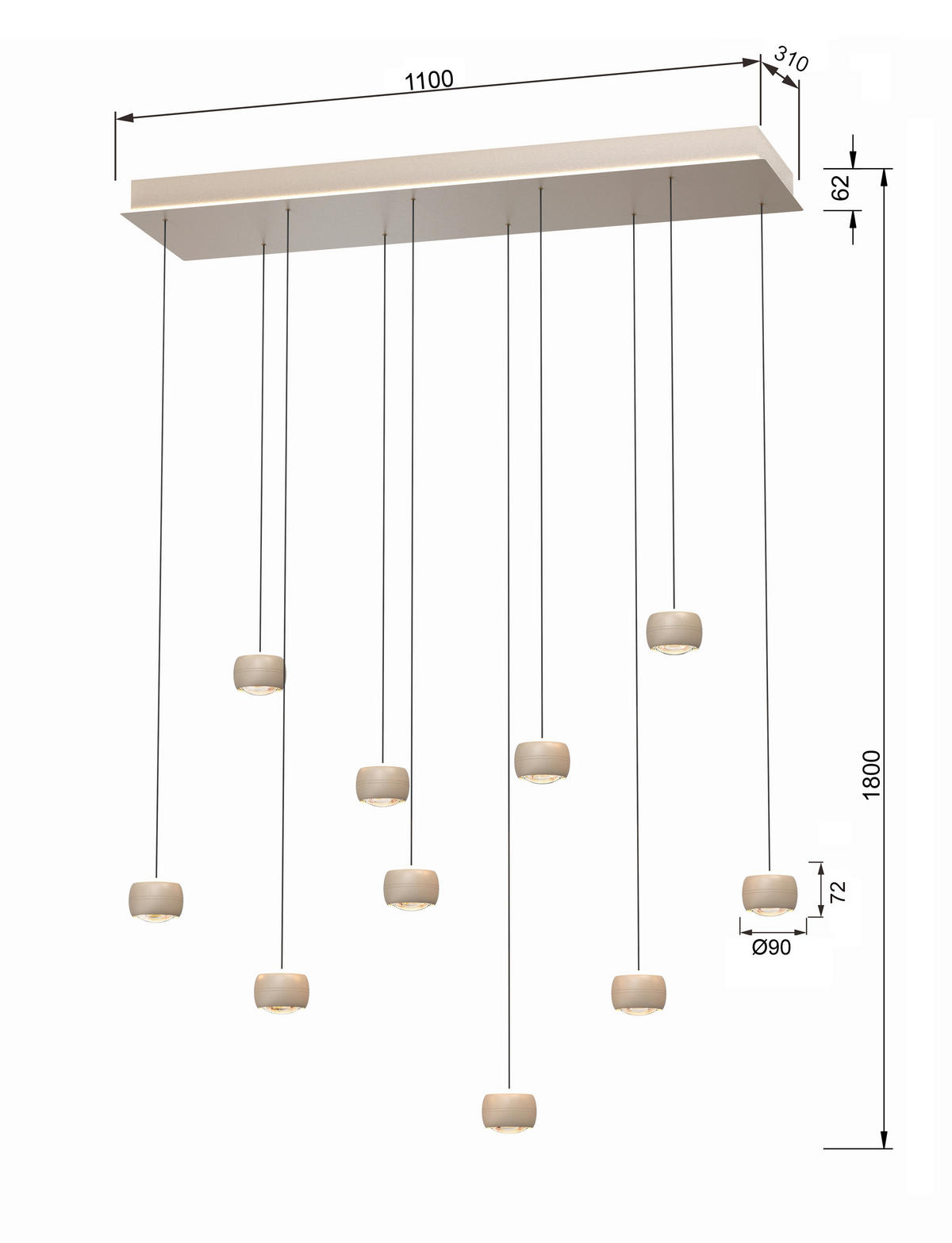 LED-HÄNGELEUCHTE Quiberon 110/31/180 cm   - Sandfarben, Design, Metall (110/31/180cm)