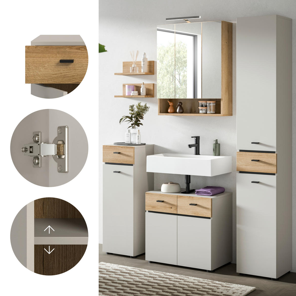 BADEZIMMER 5-teilig  in 124 cm  - Kaschmir/Eichefarben, Trend, Glas/Holzwerkstoff (124cm) - MID.YOU