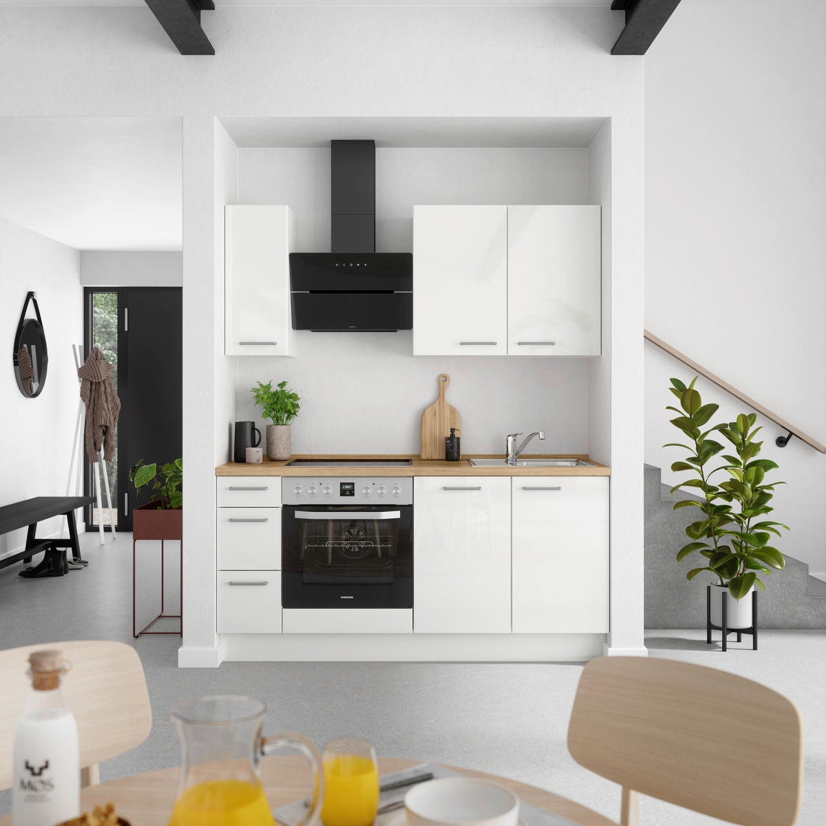 KÜCHENLEERBLOCK 180 cm   in Eichefarben, Weiß Hochglanz  - Edelstahlfarben/Eichefarben, MODERN, Holzwerkstoff/Metall (180cm) - Nobilia