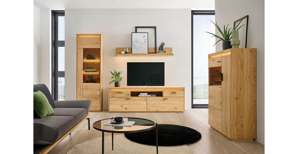 WOHNWAND  in Eichefarben  267/201,9/49,8 cm  - Eichefarben/Schwarz, Natur, Glas/Holz (267/201,9/49,8cm) - Linea Natura