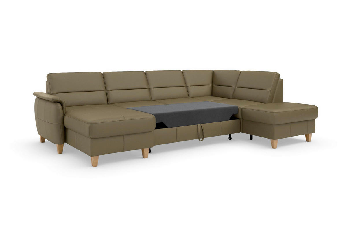 SEDACIA SÚPRAVA, textil, koža, olivovozelená - olivovozelená/farba duba, Basics, koža/drevo (163/308/212cm) - Sit & More