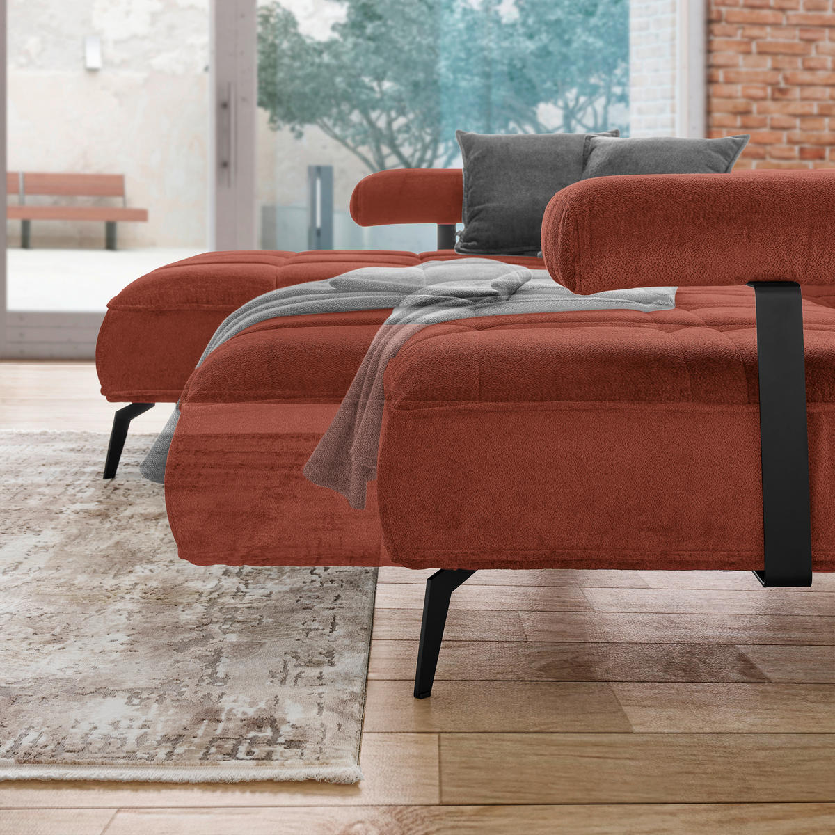 ECKSOFA Terracotta Webstoff  - Terracotta/Schwarz, Design, Textil/Metall (180/266cm) - Welnova