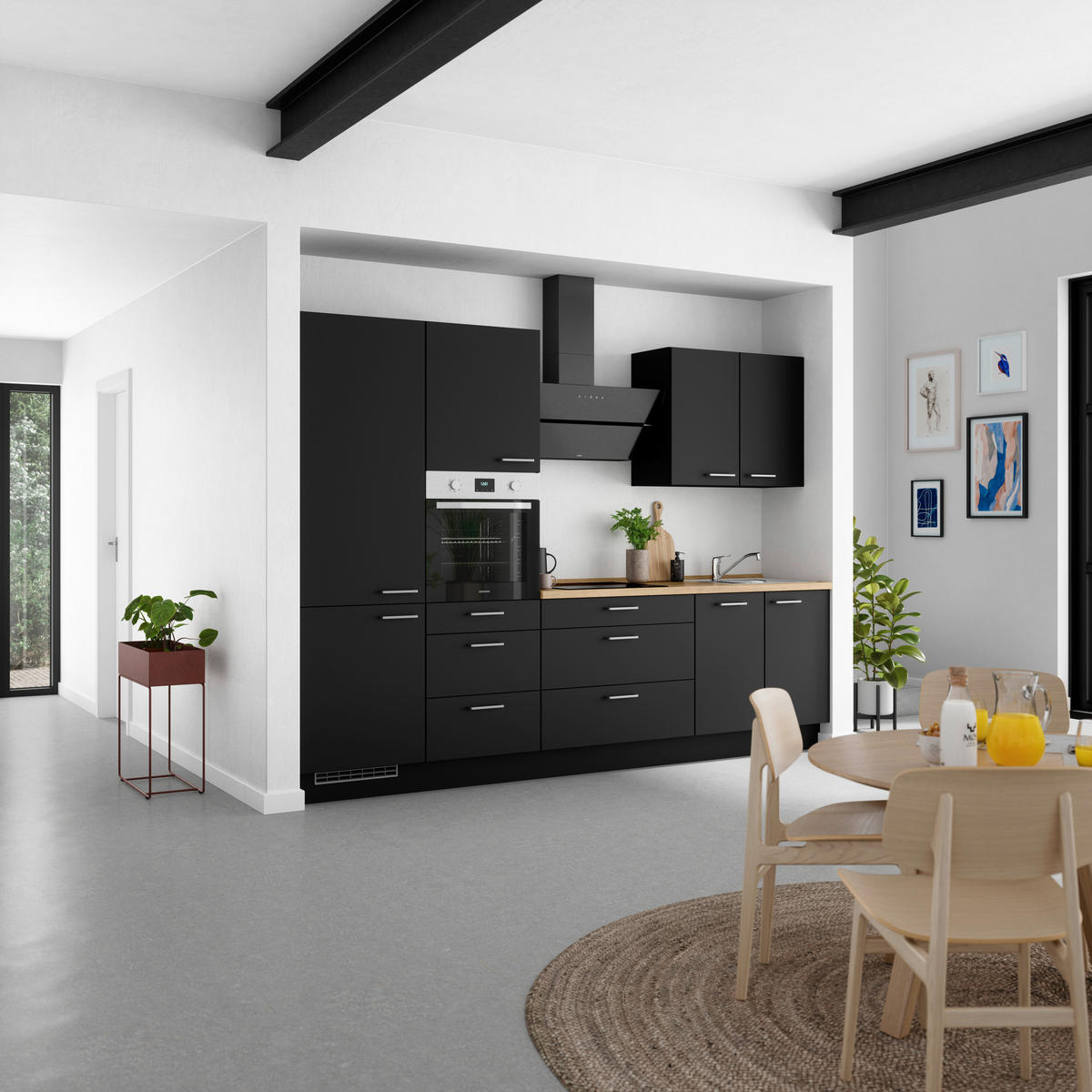 KÜCHENLEERBLOCK 300 cm   in Schwarz, Eichefarben  - Edelstahlfarben/Eichefarben, MODERN, Holzwerkstoff/Metall (300cm) - Nobilia
