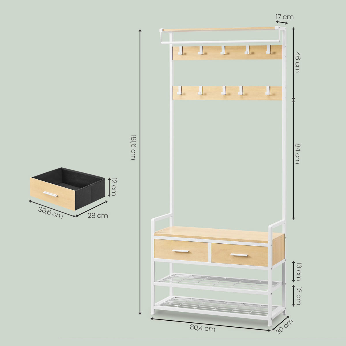 GARDEROBE 4-teilig  in 80,4/181,6/30 cm  - Eichefarben/Weiß, Trend, Holzwerkstoff/Metall (80,4/181,6/30cm) - Boxxx