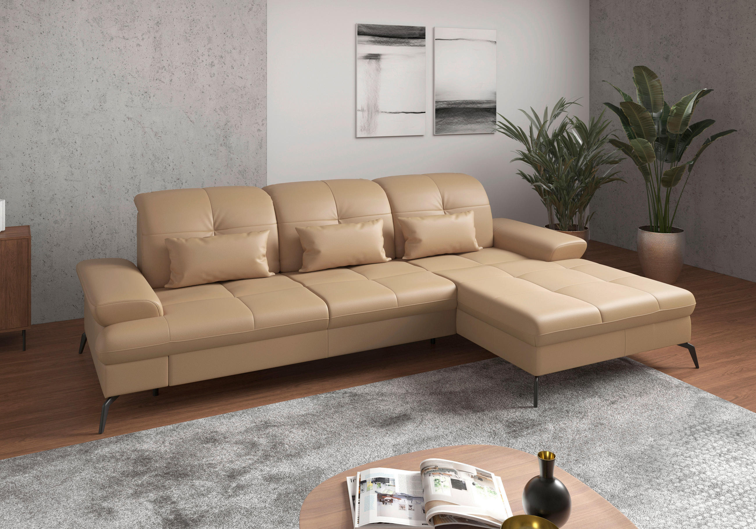 ECKSOFA Cappuccino Kombination Echtleder/Stoff Vliesstoff Bettkasten, Armteilverstellung, Kopfteilverstellung, Sitztiefenverstellung  - Schwarz/Cappuccino, KONVENTIONELL, Leder/Textil (279/185cm) - Sit & More