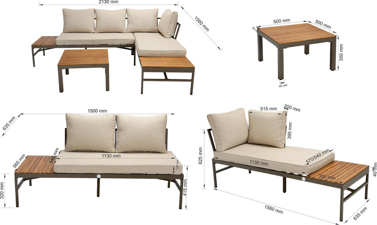 LOUNGEGARNITUR   57/35/57 cm Akazie vollmassiv Aluminium  - Beige/Beigebraun, MODERN, Holz/Textil (57/35/57cm) - Ambia Garden