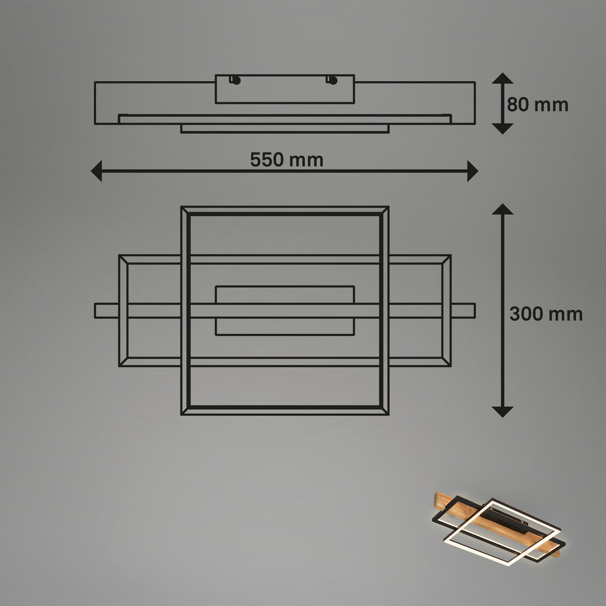 LED-DECKENLEUCHTE 55/30/8 cm   - Eichefarben/Schwarz, Natur, Holz/Metall (55/30/8cm) - Briloner
