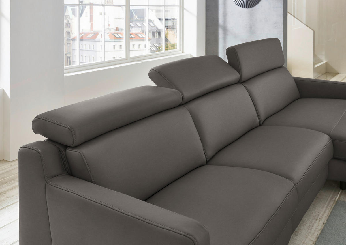 ECKSOFA in Echtleder Graubraun  - Graubraun/Schwarz, Design, Leder/Metall (291/176cm) - Valdera