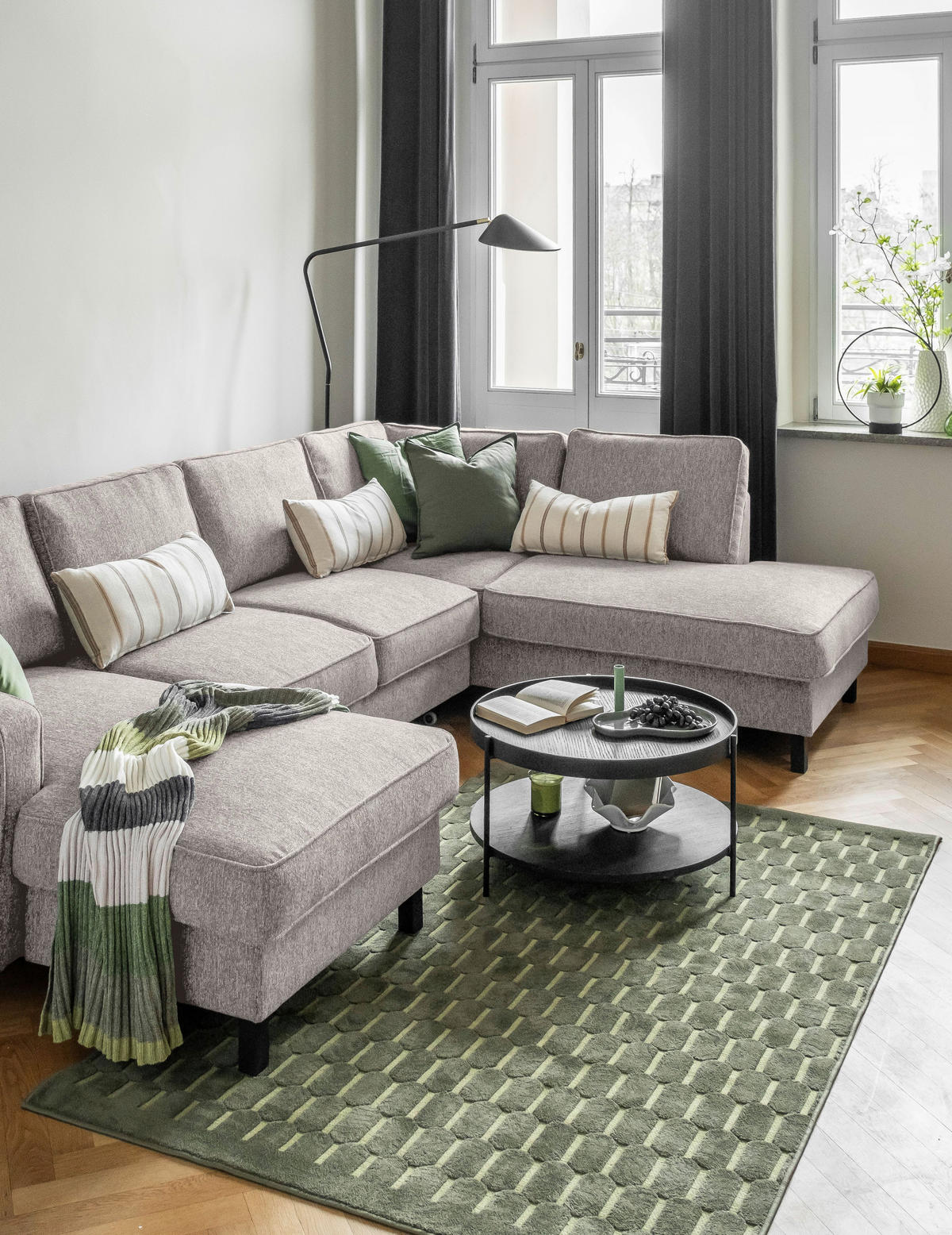 WOHNLANDSCHAFT in Struktur Grauweiss  - Schwarz/Grauweiss, Holz/Textil (148/298/198cm) - MID.YOU