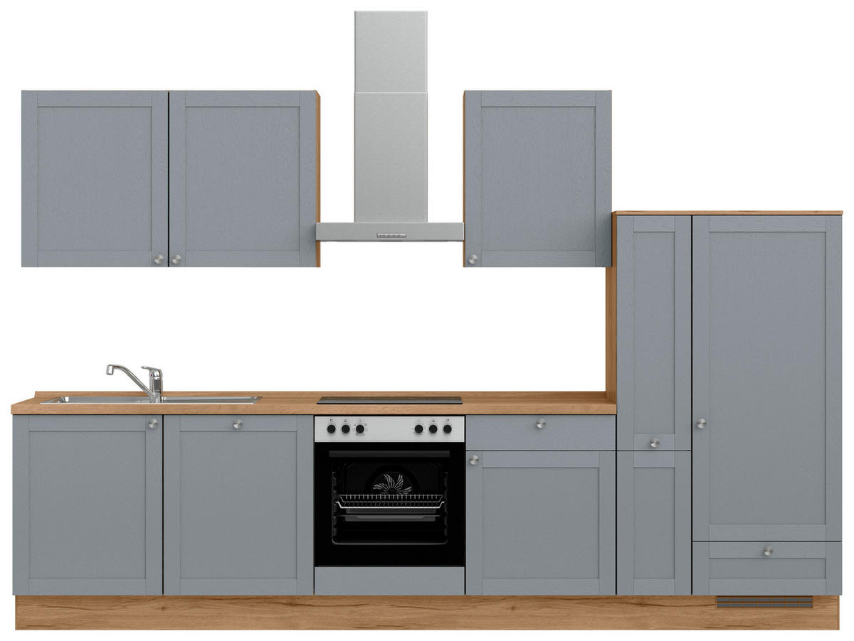 KÜCHENBLOCK Frame 330 cm  in Eichefarben, Blaugrau  - Edelstahlfarben/Eichefarben, MODERN, Holzwerkstoff/Metall (330cm) - Nobilia