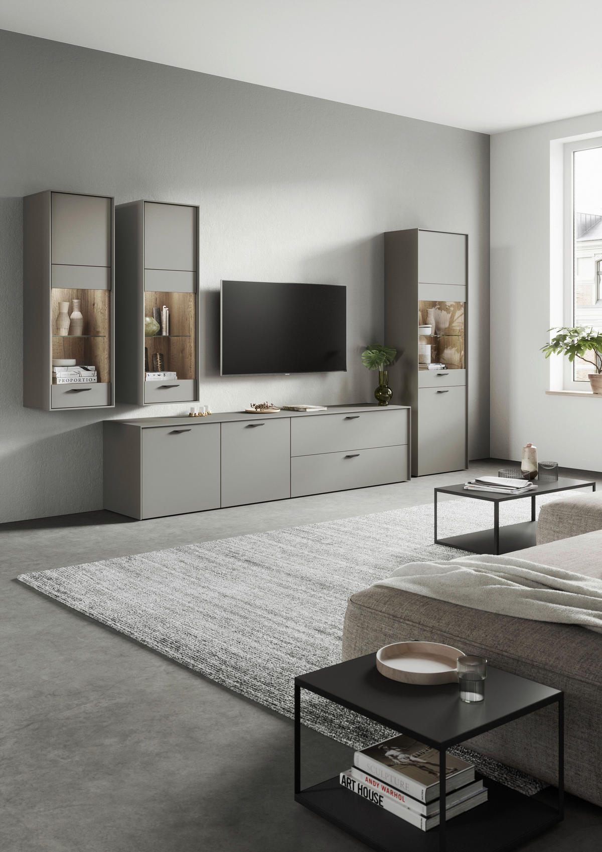WOHNWAND  in Grau, Taupe, Eichefarben  360/205/50 cm  - Taupe/Eichefarben, MODERN, Glas/Holzwerkstoff (360/205/50cm) - Celina Home