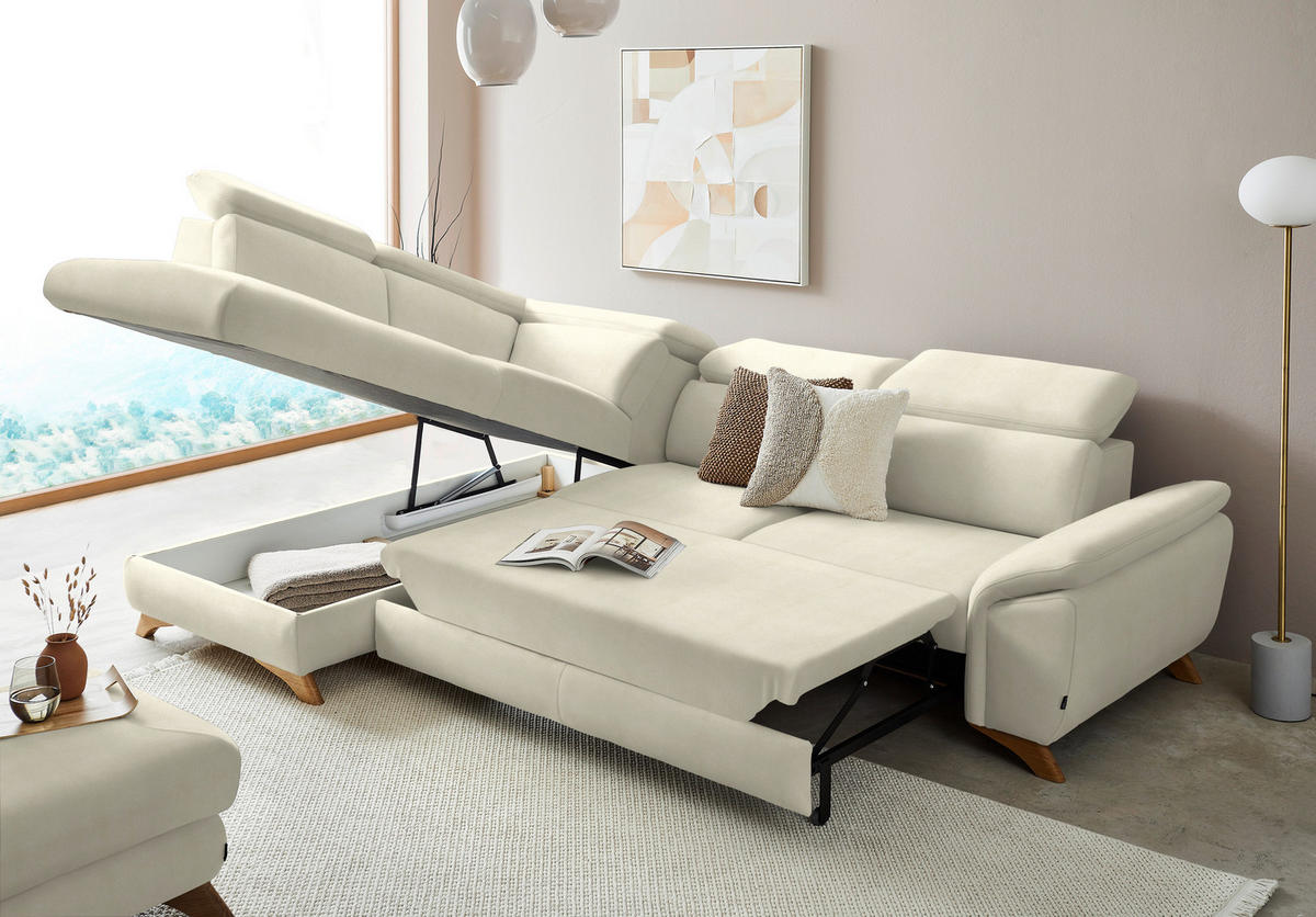 ECKSOFA in Flachgewebe Creme  - Eichefarben/Creme, Modern, Holz/Textil (212/287cm) - Valnatura