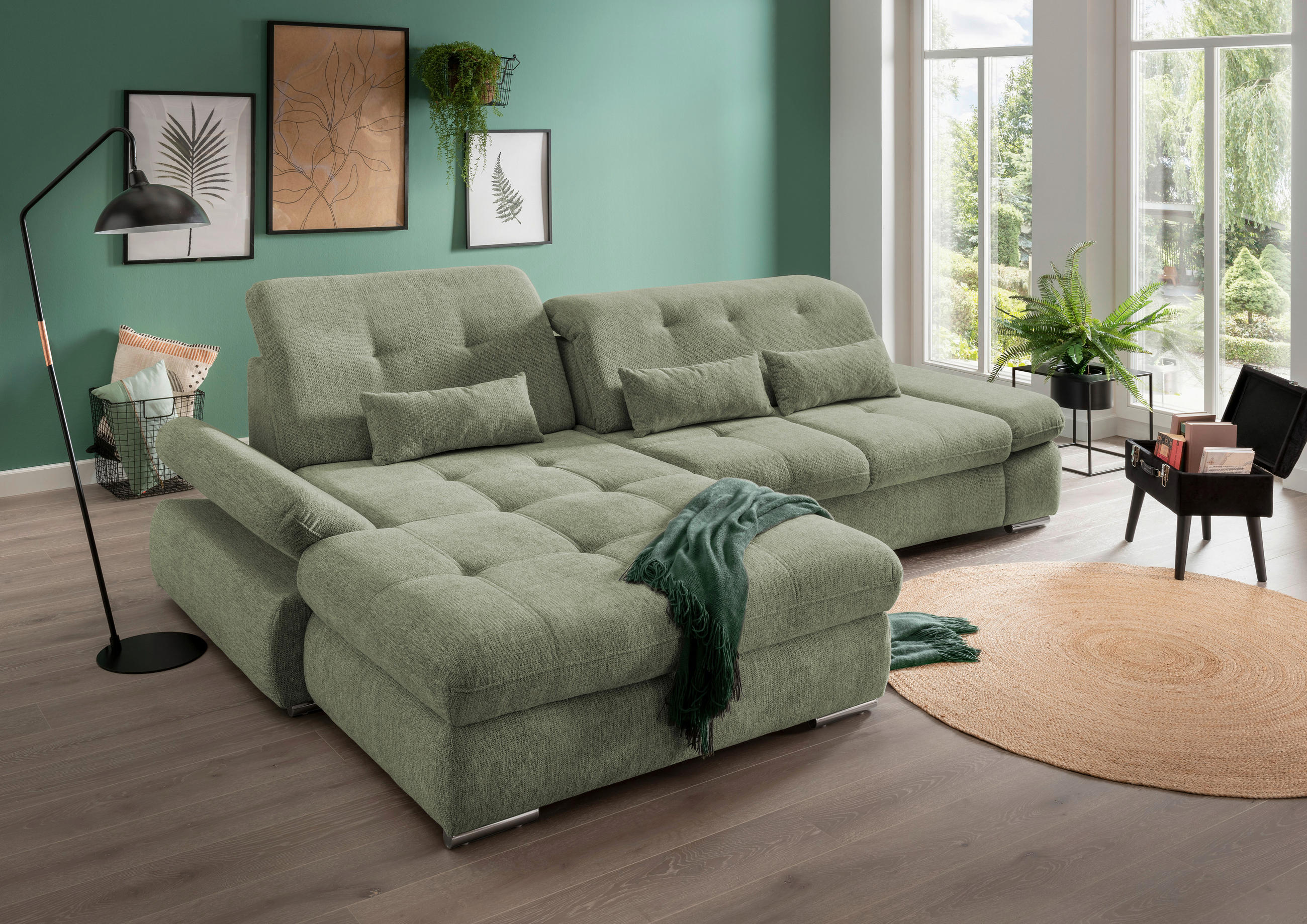 ECKSOFA Grün Chenille  - Chromfarben/Grün, Design, Textil/Metall (196/86-101/300cm) - Livetastic
