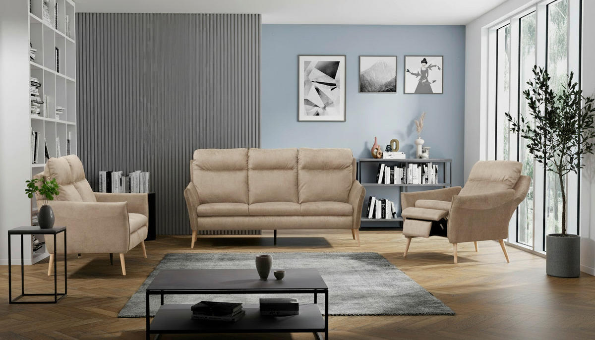 3-SITZER-SOFA  in Mikrofaser Beige Skandinavisch, Modern  - Beige/Buchefarben, Design, Holz/Textil (202/110/92cm) - Livetastic