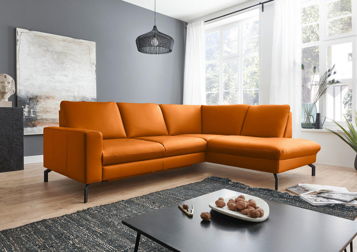 ECKSOFA Echtleder Orange  - Schwarz/Orange, Design, Leder/Metall (250/194cm) - Beldomo Premium