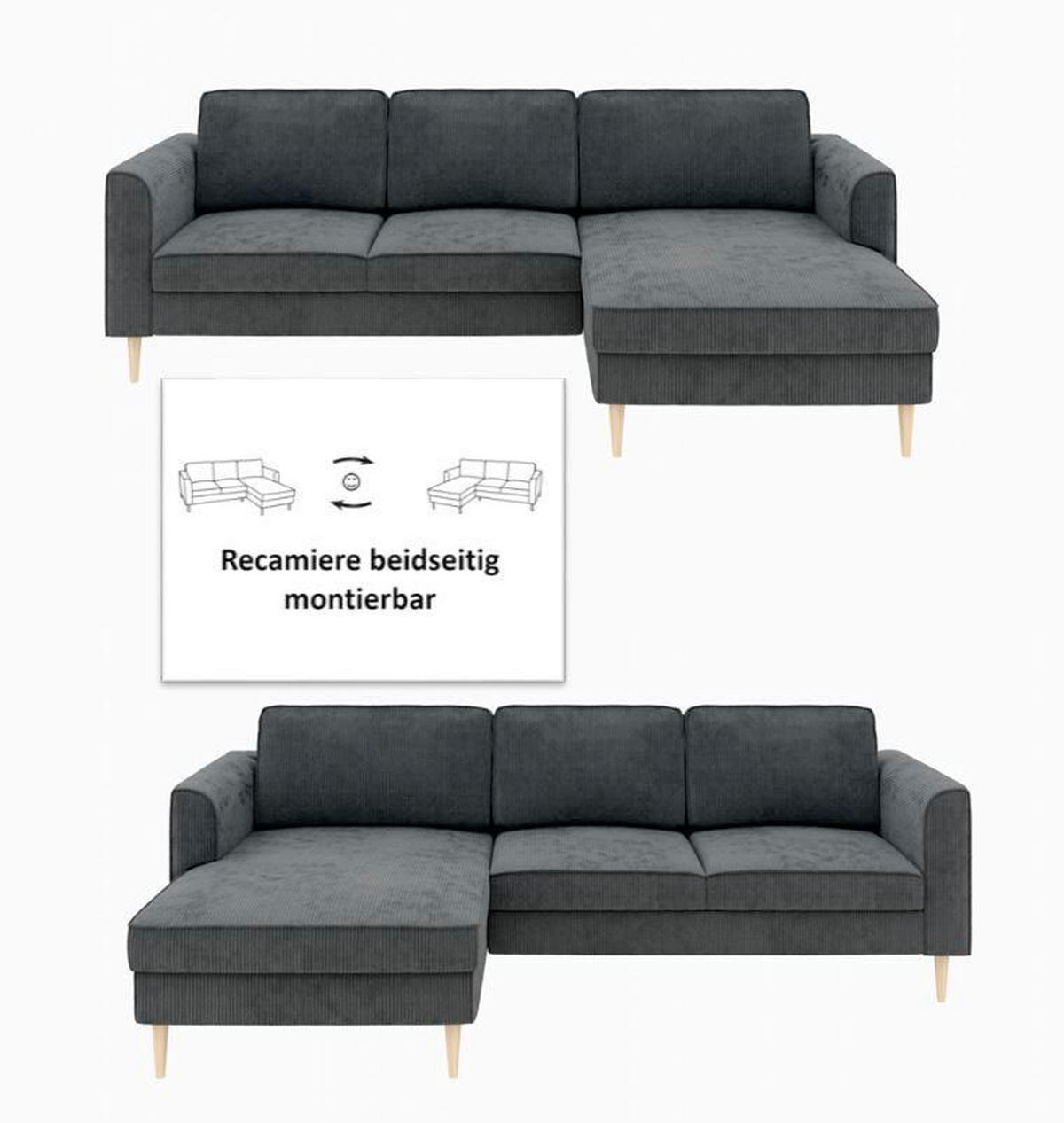 ECKSOFA Cord Dunkelgrau  - Dunkelgrau/Buchefarben, Modern, Holz/Textil (232/161cm) - Trendmanufaktur