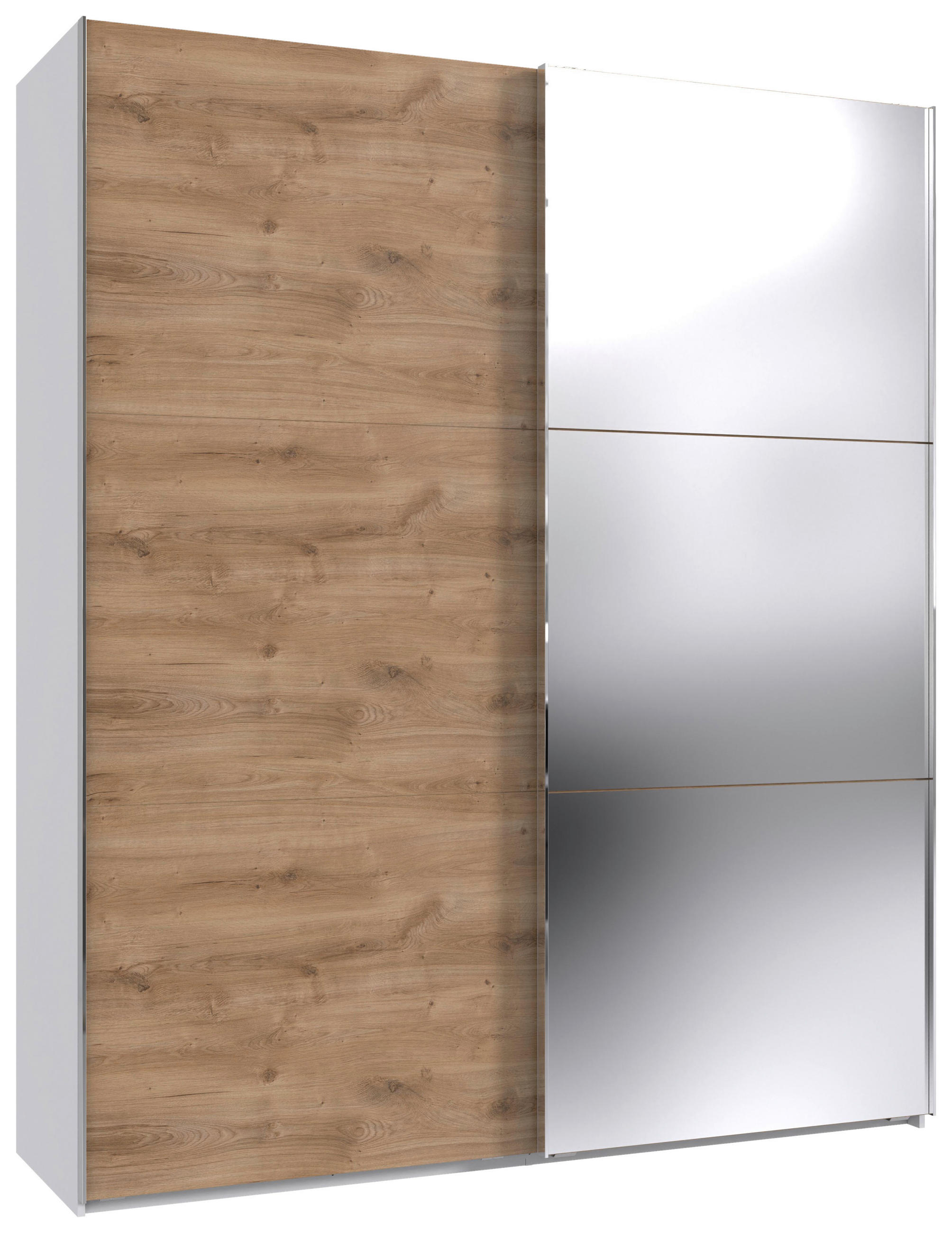SCHWEBETÜRENSCHRANK  in Weiß, Plankeneiche  - Chromfarben/Plankeneiche, MODERN, Glas/Holzwerkstoff (150/216/65cm) - MID.YOU
