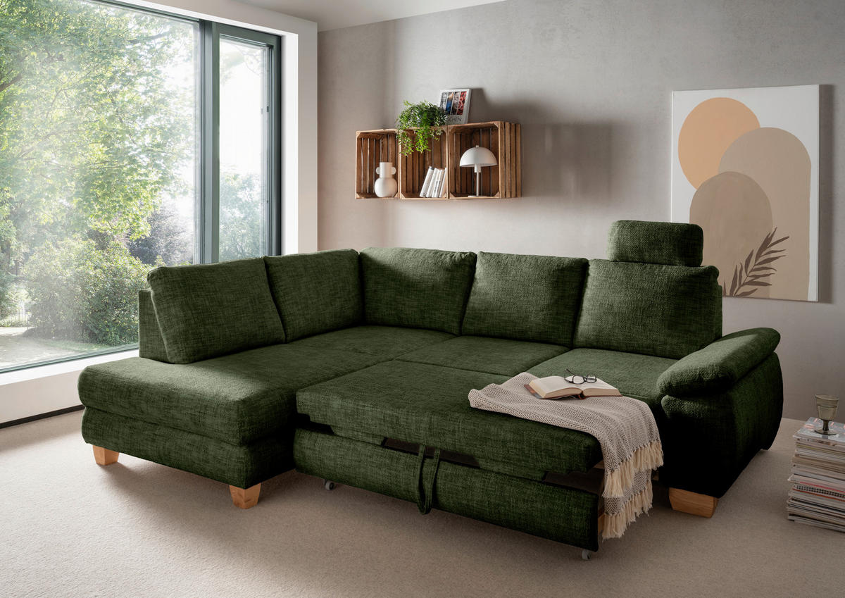 ECKSCHLAFSOFA in Struktur Dunkelgrün  - Wildeiche/Dunkelgrün, Modern, Holz/Textil (206/265cm) - Livetastic