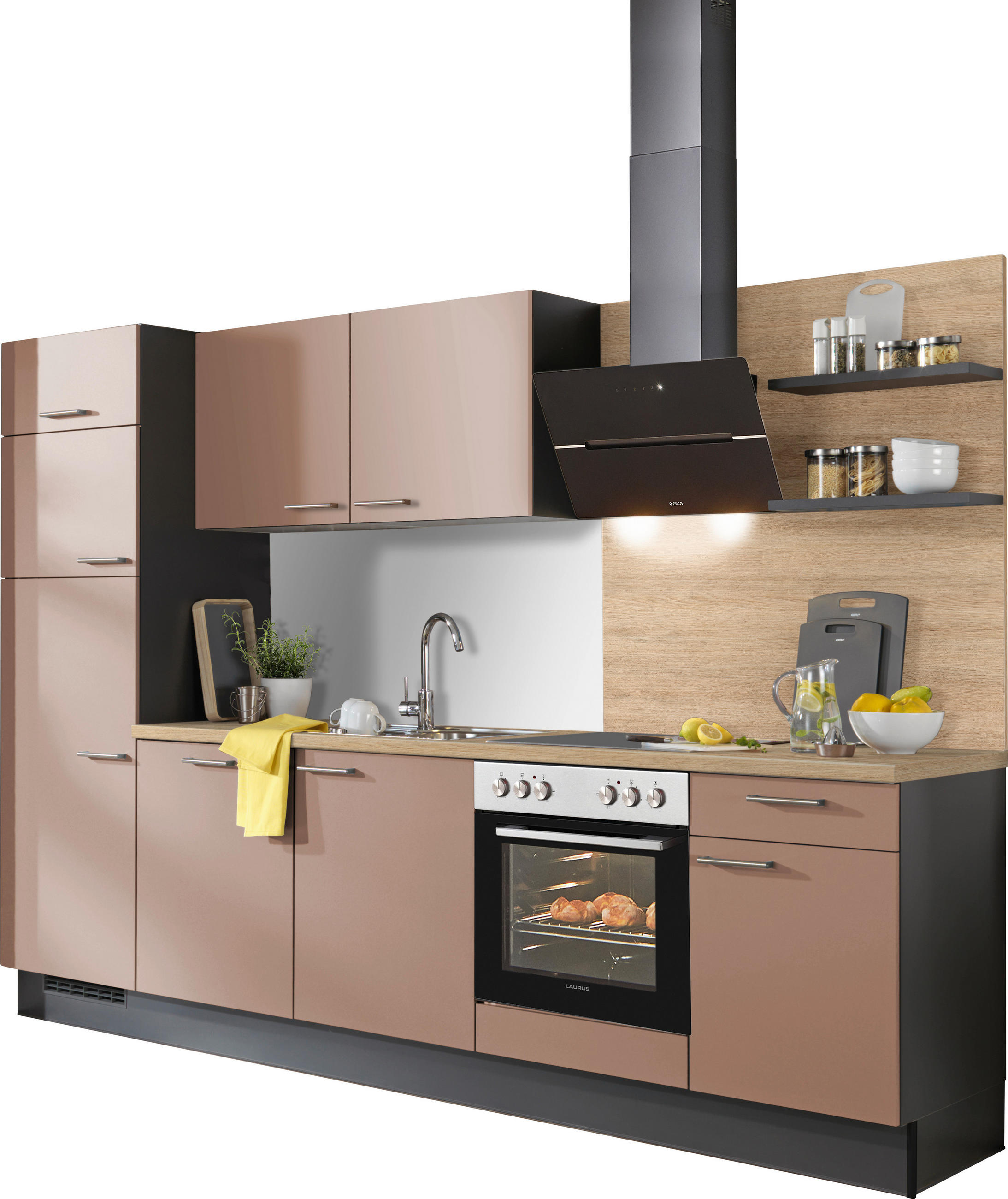 KÜCHENBLOCK 290 cm   in Graphitfarben, Eichefarben, Altrosa  - Edelstahlfarben/Eichefarben, Design, Holzwerkstoff/Metall (290cm) - Xora