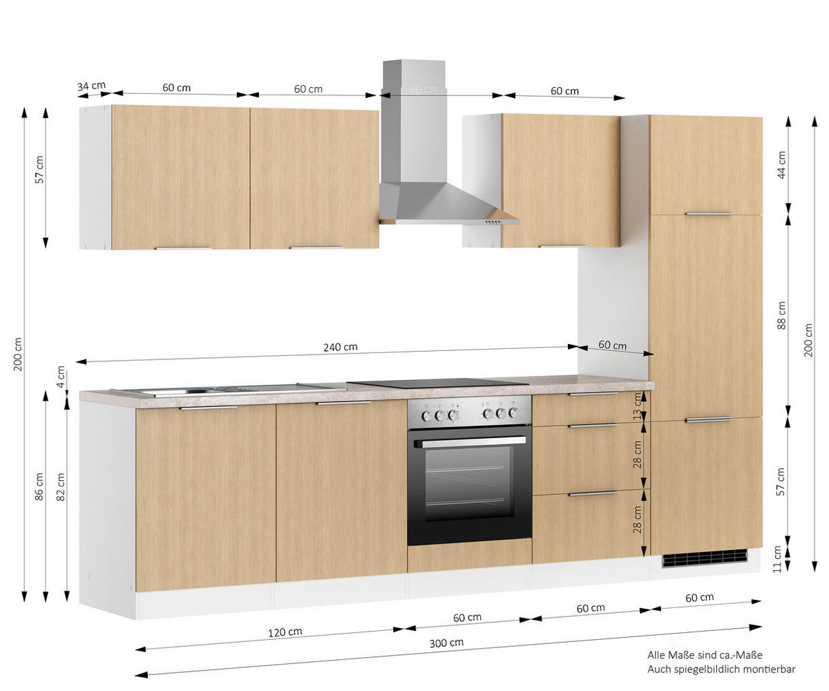 KÜCHENBLOCK 300 cm   in Weiss, Eichefarben  - Weiss/Eichefarben, Lifestyle, Holzwerkstoff/Metall (300cm) - Held