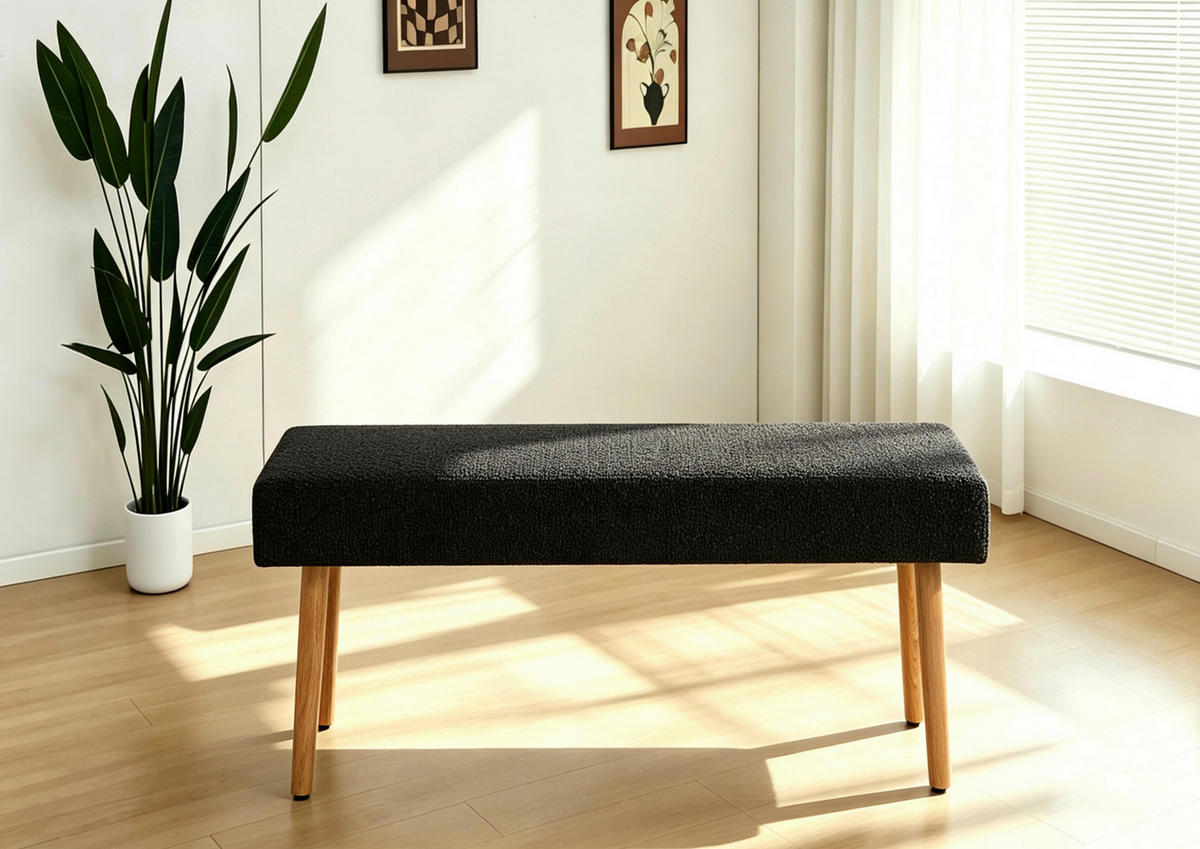 SITZBANK 98/42/40 cm Fleece Schwarz, Eichefarben Eiche massiv  - Eichefarben/Schwarz, KONVENTIONELL, Holz/Textil (98/42/40cm) - VanDerken