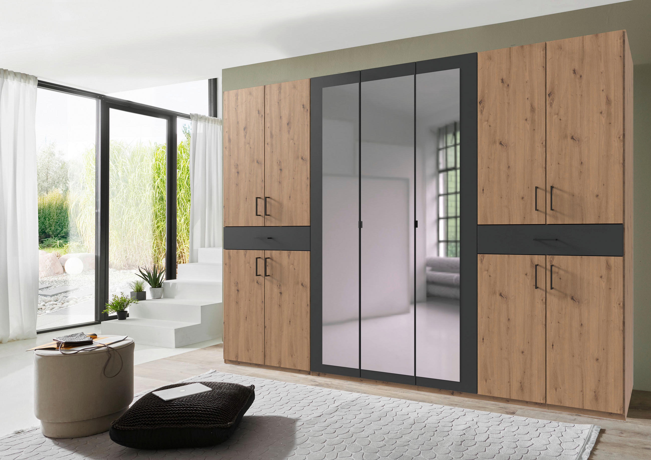DREHTÜRENSCHRANK in Graphitfarben, Eiche Artisan  - Schwarz/Graphitfarben, Konventionell, Glas/Holzwerkstoff (313/208/58cm) - Carryhome