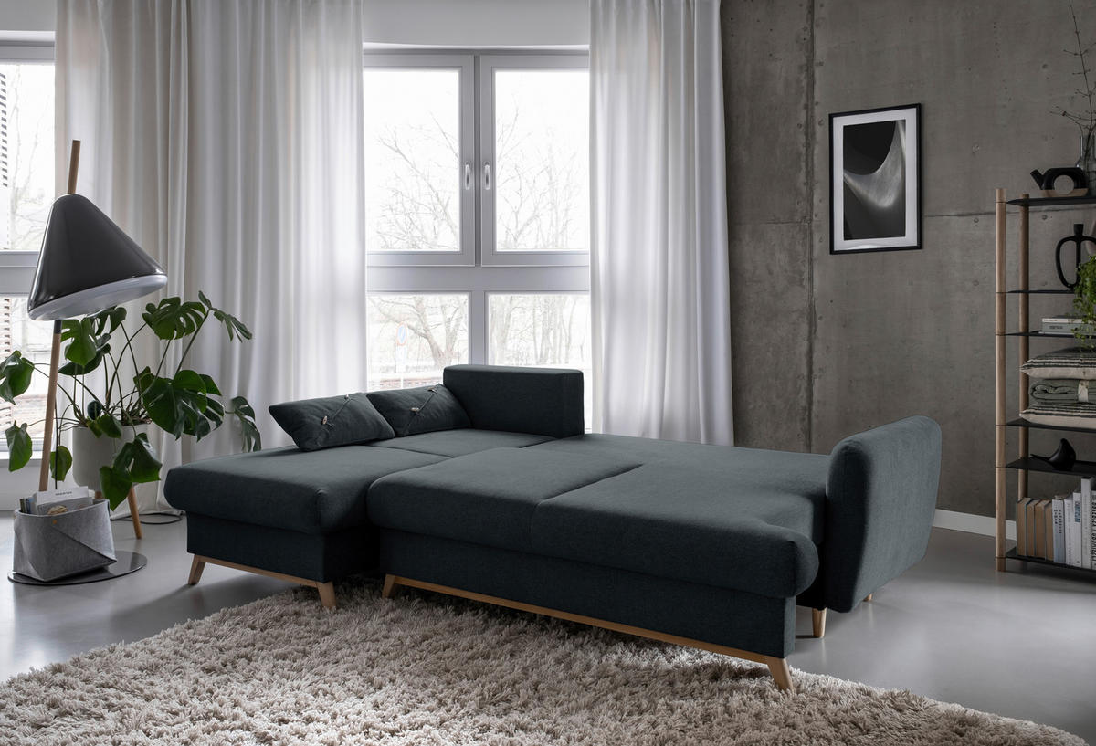 KUTNA GARNITURA tekstil  tamno siva   - tamno siva/prirodne boje, tekstil/drvo (157/235cm) - MID.YOU