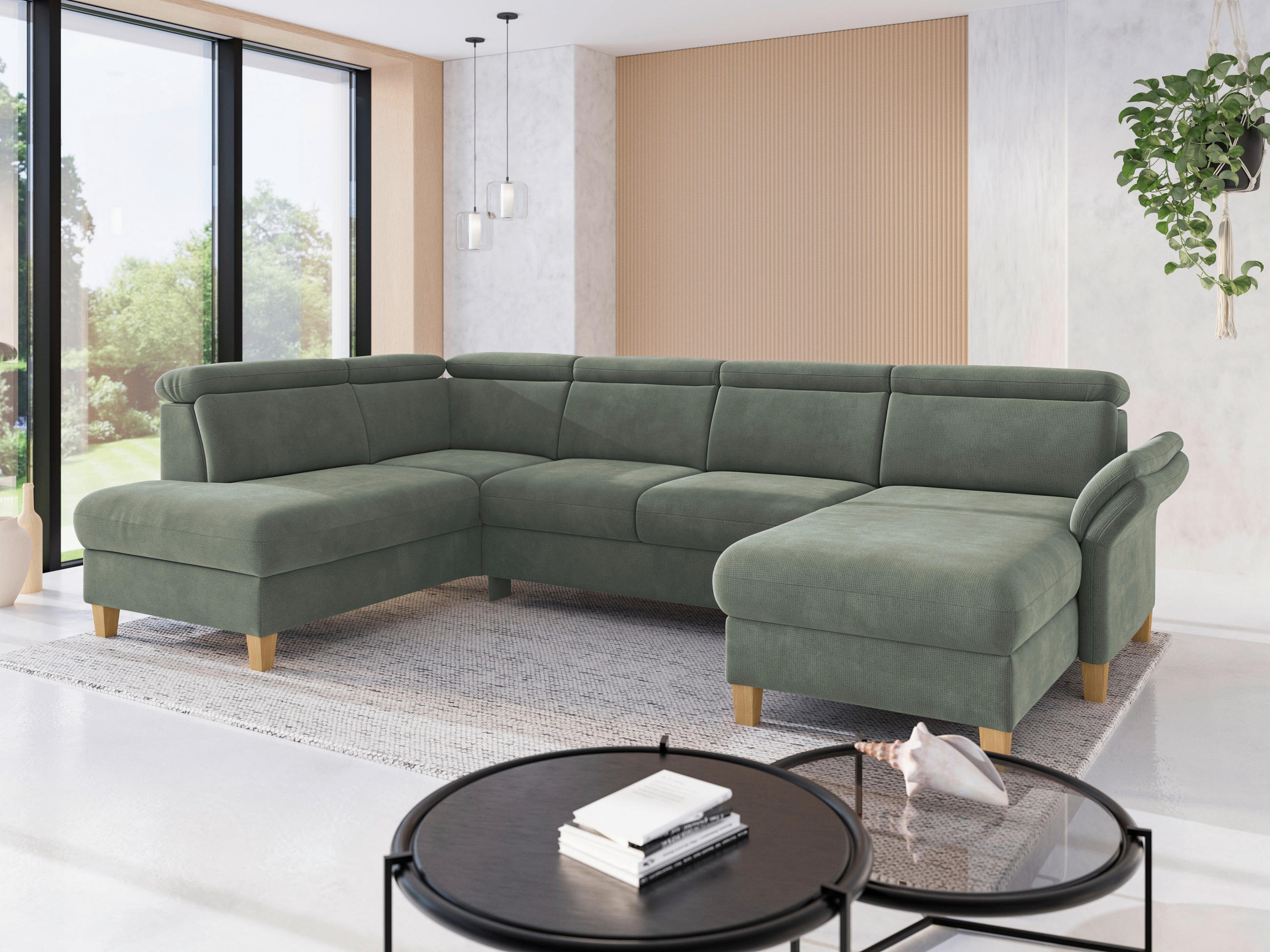 WOHNLANDSCHAFT GLENDALE E Dunkelgrün Flachgewebe  - Dunkelgrün/Eichefarben, KONVENTIONELL, Holz/Textil (193/321/166cm) - Sit & More