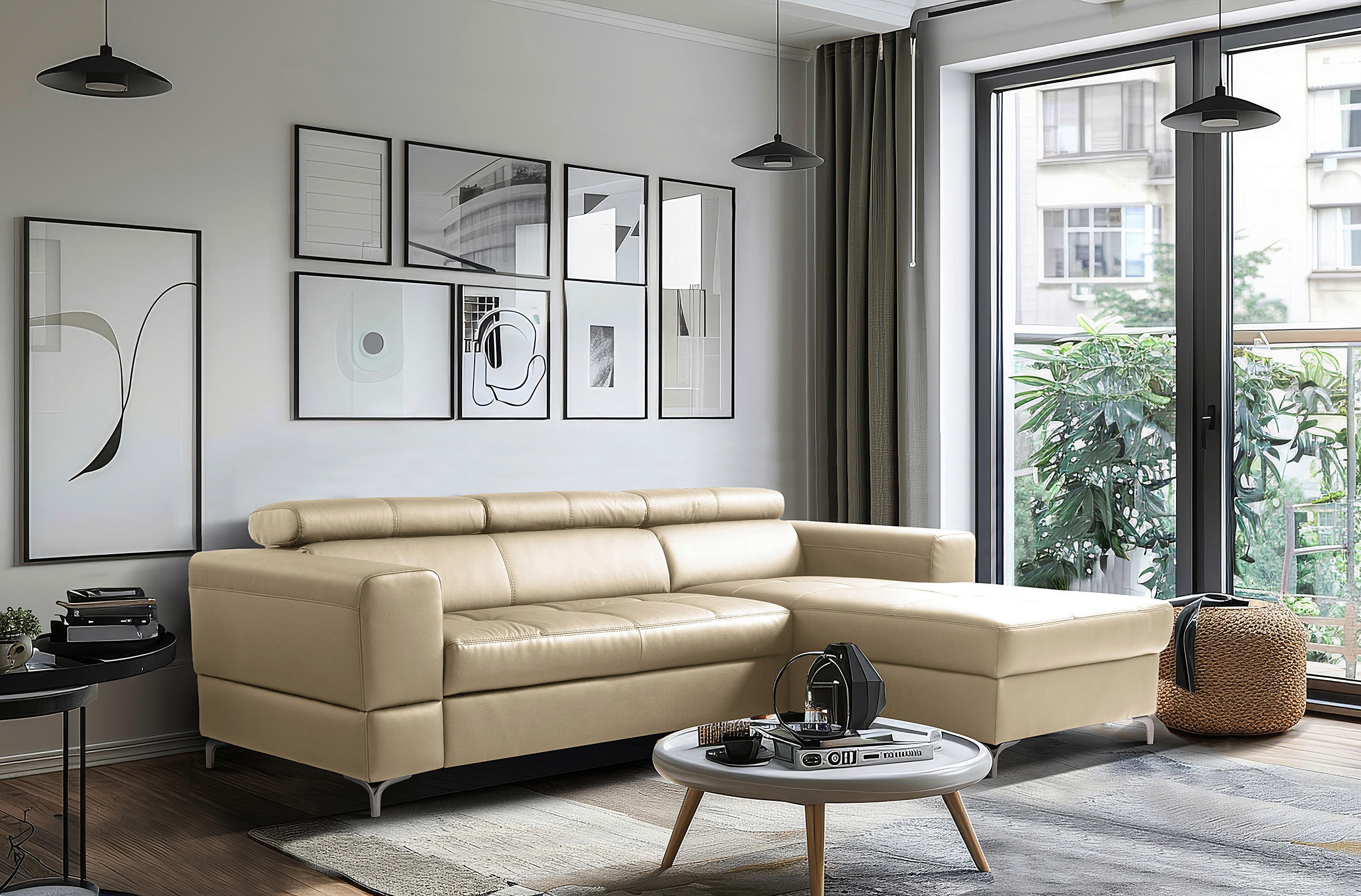 ECKSOFA Hellgrau Echtleder Lederlook  - Hellgrau/Schwarz, Design, Leder/Textil (247/173cm) - Livetastic