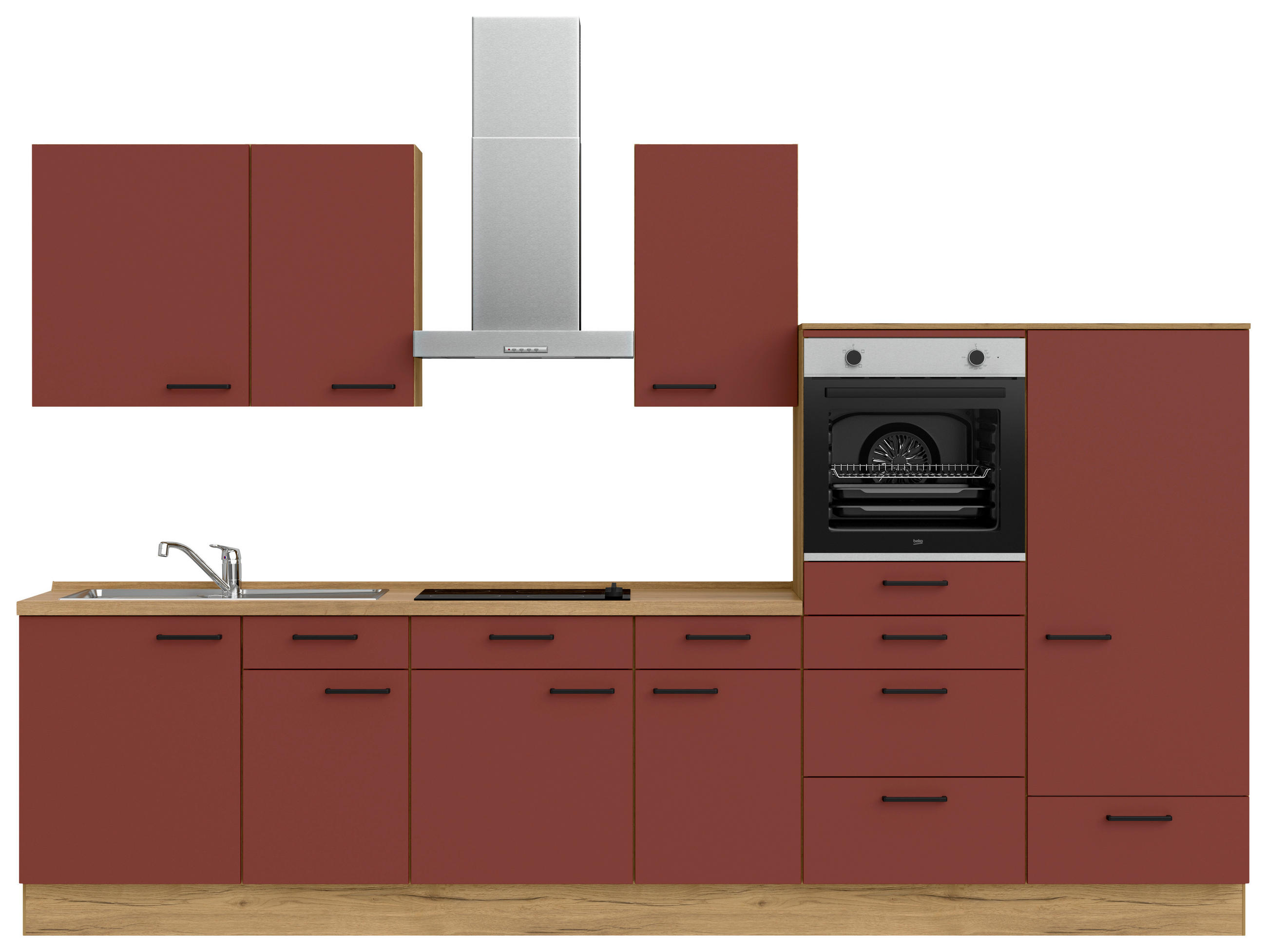 KÜCHENLEERBLOCK 330 cm   in Rot, Eichefarben  - Eichefarben/Rot, MODERN, Holzwerkstoff/Metall (330cm) - Nobilia