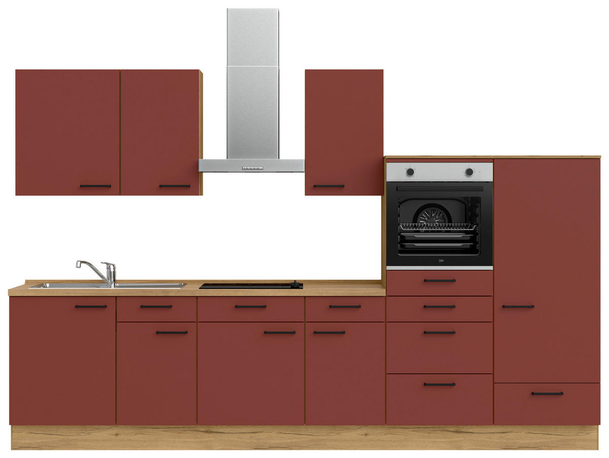 KÜCHENBLOCK 330 cm   in Eichefarben, Dunkelrot  - Eichefarben/Schwarz, MODERN, Holzwerkstoff/Metall (330cm) - Nobilia
