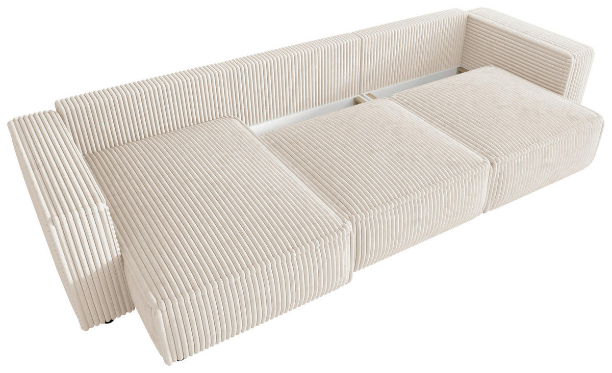 ECKSOFA Creme Cord Zierkissen, Rückenkissen, Schlaffunktion, Rücken echt  - Creme/Schwarz, MODERN, Kunststoff/Textil (153/350cm) - Xora