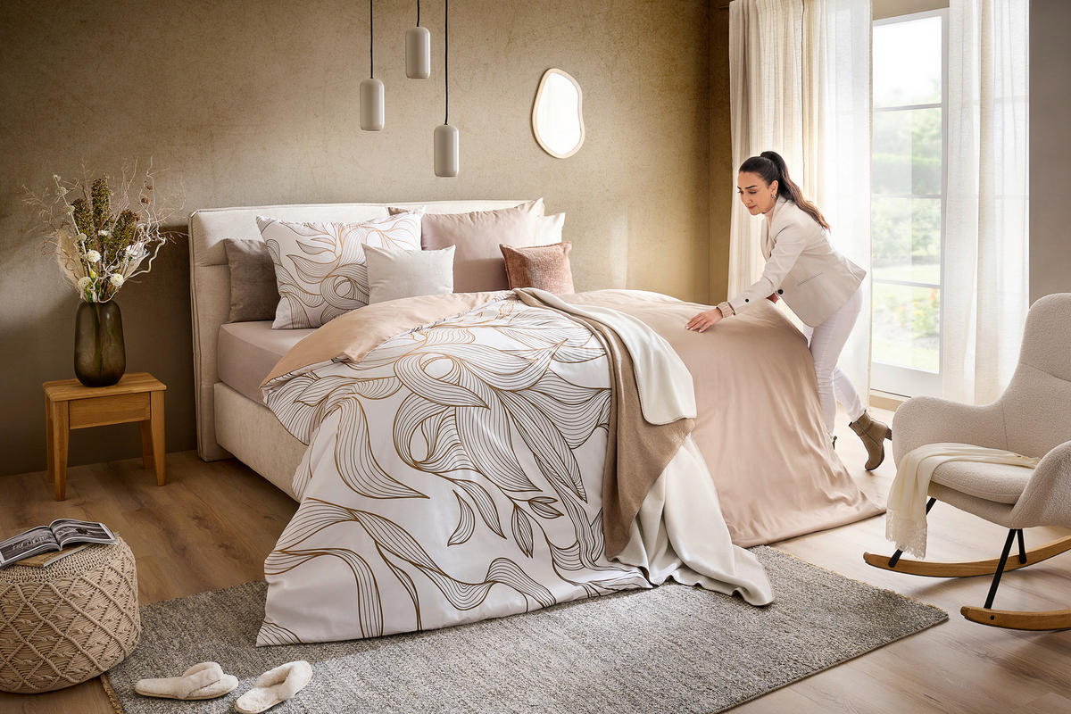 OBOJESTRANSKA POSTELJNINA CALM LIVING 140/200 cm saten bež  - bež, Konvencionalno, tekstil (140/200cm) - Esposa