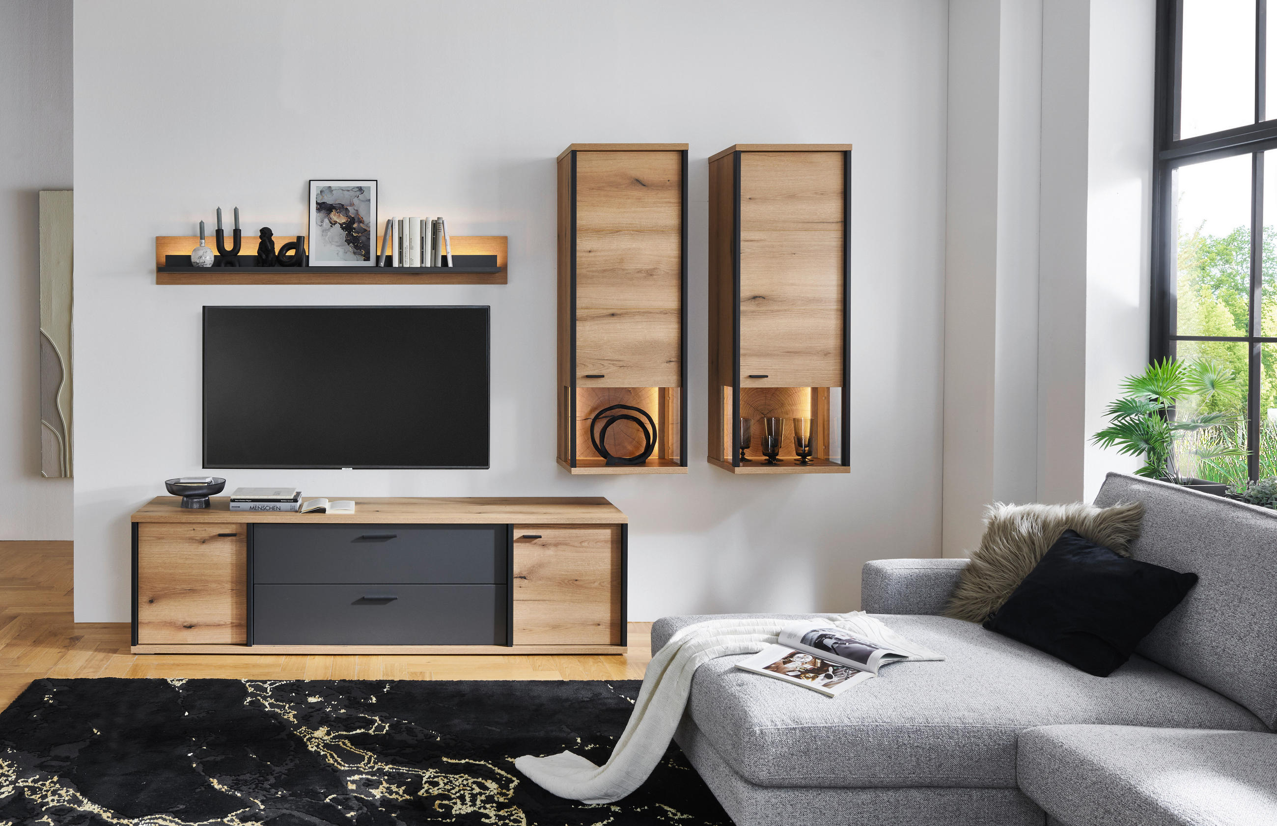 HÄNGEVITRINE Schwarz, Eichefarben  50/141/38 cm  - Eichefarben/Schwarz, Konventionell, Glas/Holzwerkstoff (50/141/38cm) - Xora