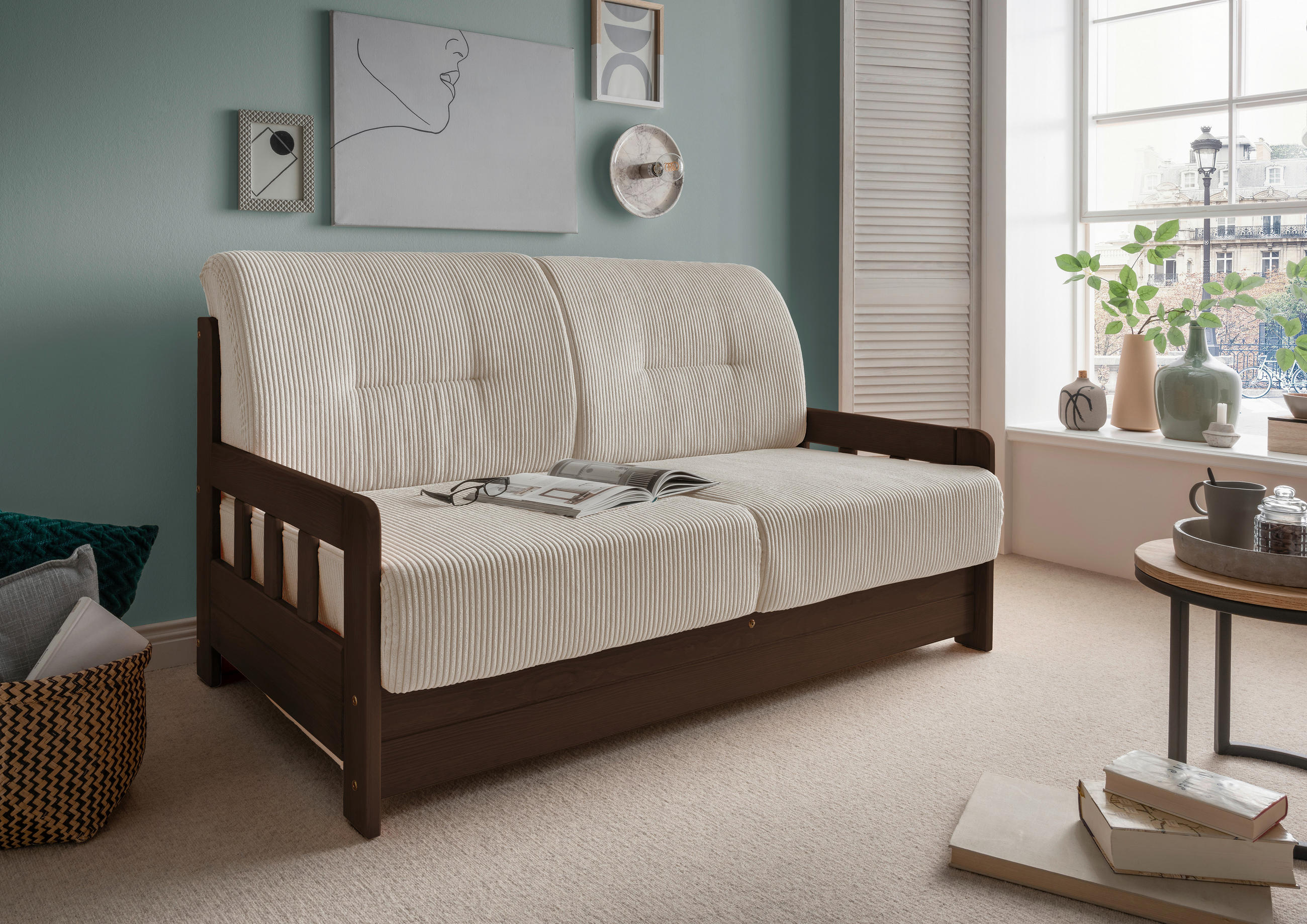 SCHLAFSOFA in Textil Nussbaumfarben, Beige  - Beige/Nussbaumfarben, Modern, Holz/Textil (154/88/90cm) - Livetastic