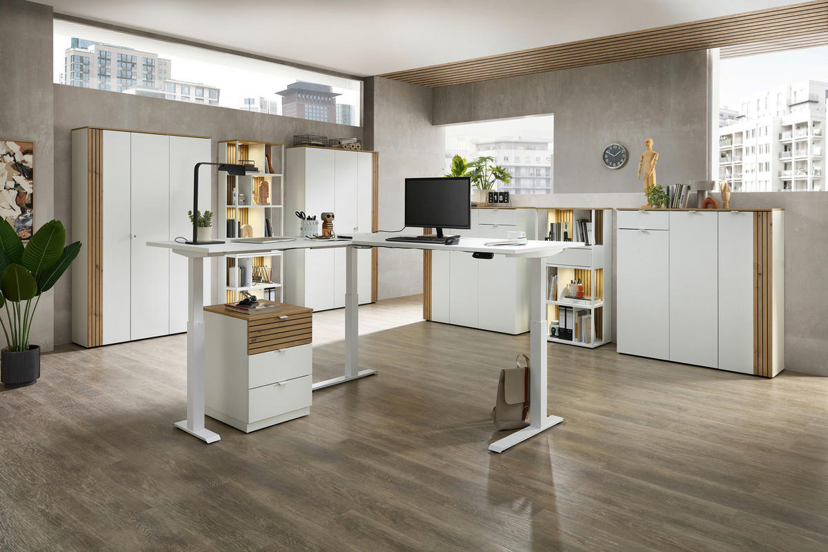 SCHREIBTISCH 150/77/73 cm Weiß, Eiche Artisan Kabeldurchlass, Stauraum  - Weiß/Eiche Artisan, KONVENTIONELL, Holzwerkstoff/Metall (150/77/73cm) - Voleo