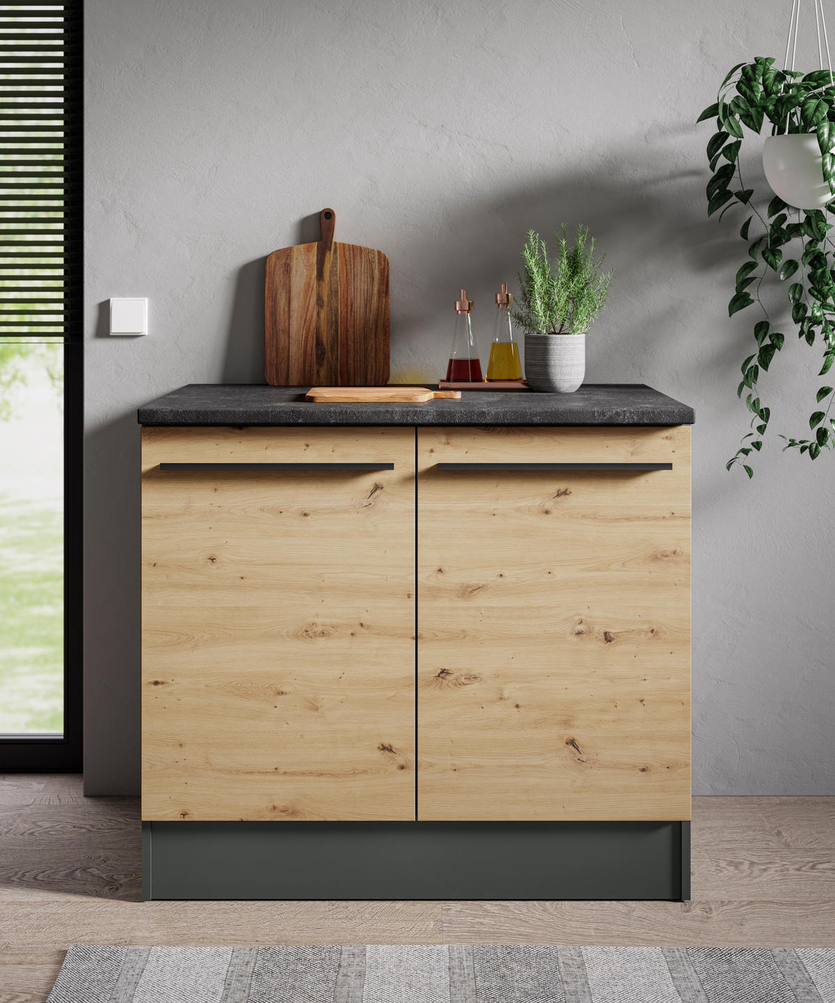 SPÜLENUNTERSCHRANK 100/90/60 cm  in Anthrazit, Eiche Artisan  - Anthrazit/Schwarz, Design, Holzwerkstoff/Kunststoff (100/90/60cm) - P & B
